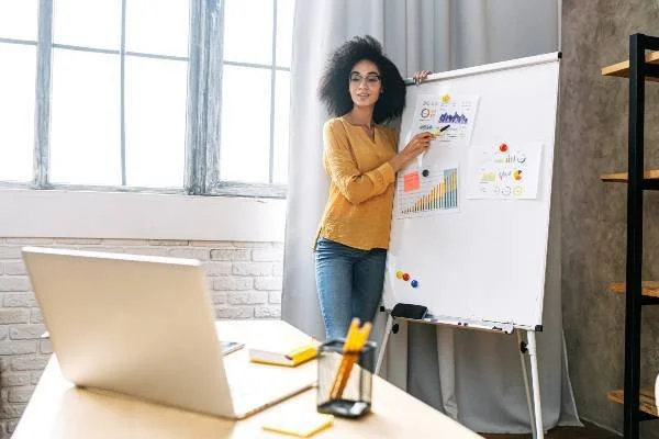 Woman in a mustard yellow blouse with dark brown curly hair giving a presentation with charts on a whiteboard in a bright office to a laptop on a desk facing her. Everyday EA.