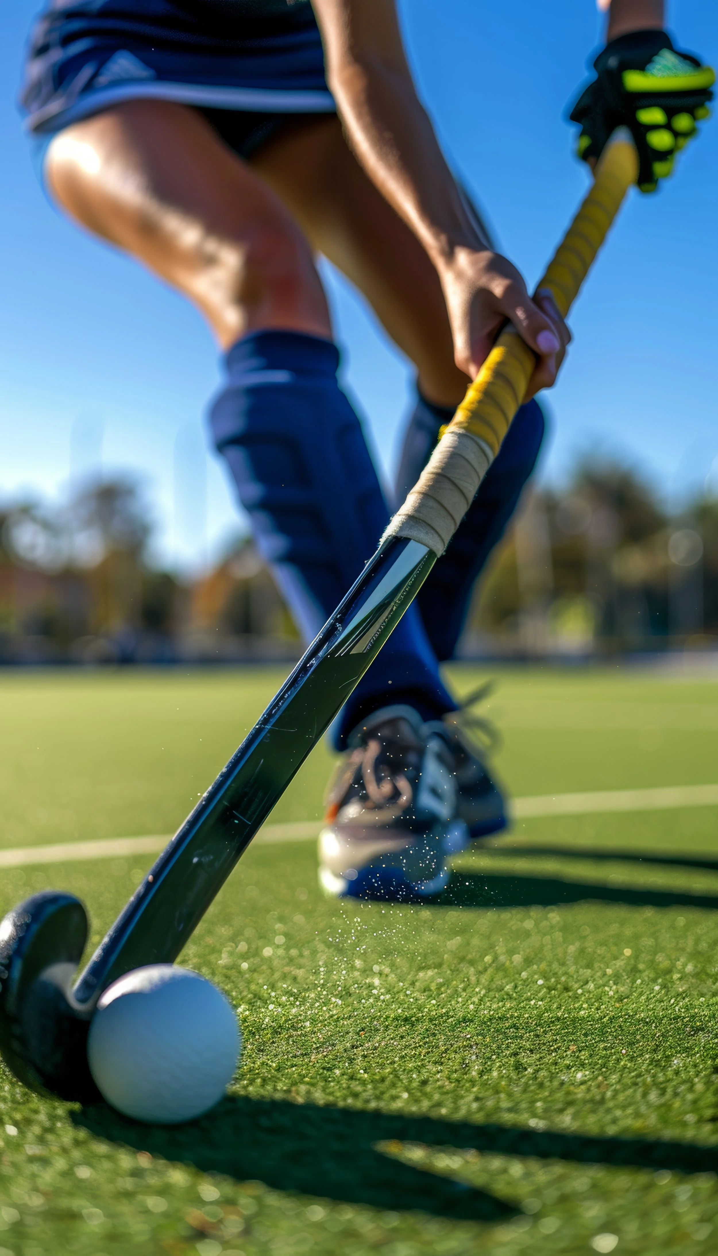 Close-up of a golfer preparing to hit a golf ball on a green, with focus on the club and ball, showing a sunny outdoor scene.