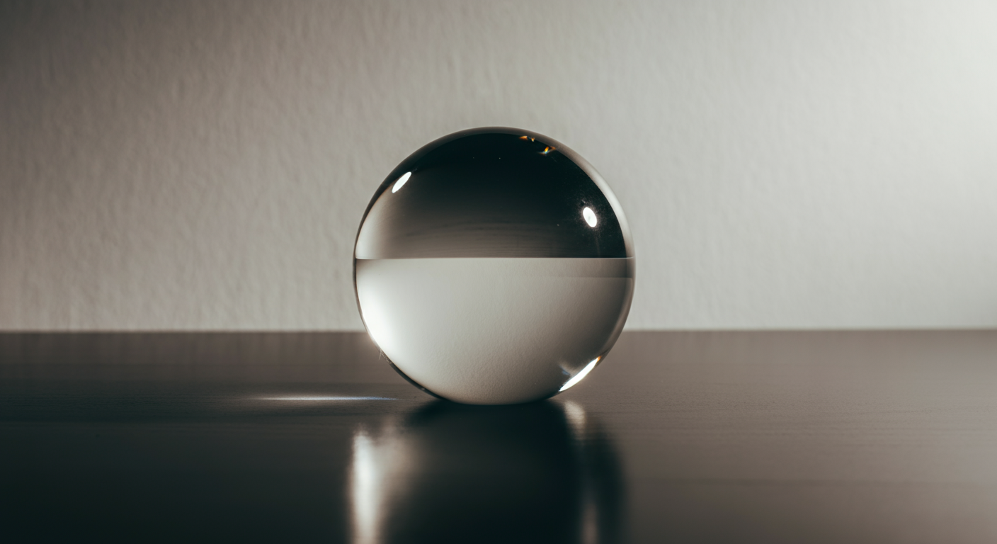 A reflective glass sphere on a dark surface, with a plain light background.