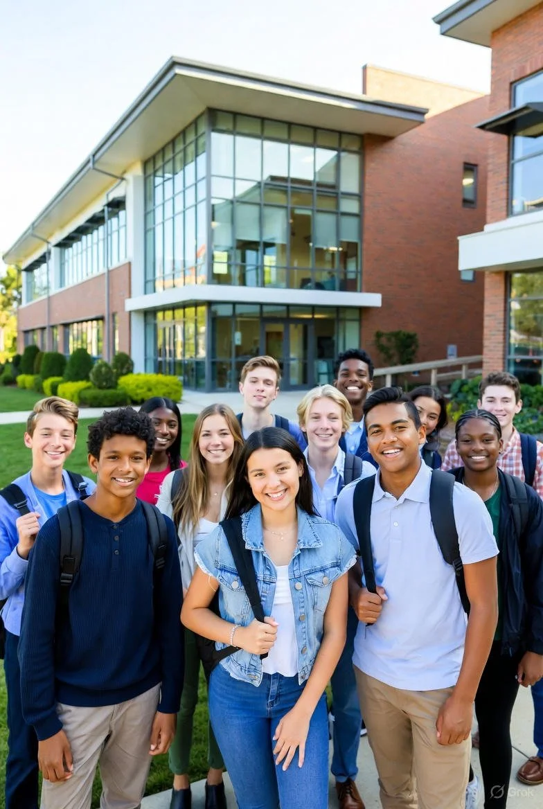 Group of diverse smiling students standing outside in front of a modern school building with large glass windows and brick exterior.