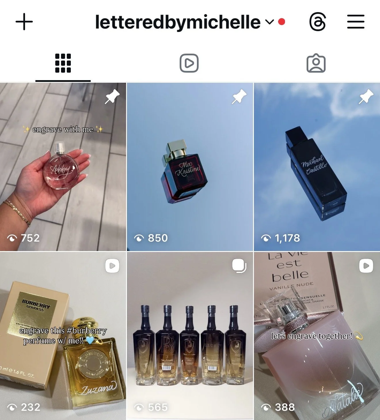 Screenshots of various perfume bottles, with some personalized engravings and text overlays about engraving and perfume collection.