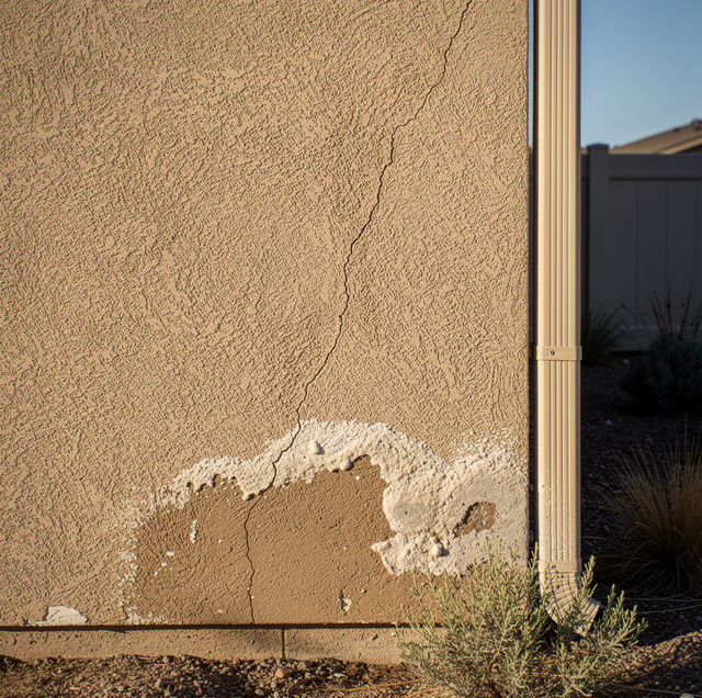 Cracked and peeling textured stucco wall with vertical crack and metal downspout trim.