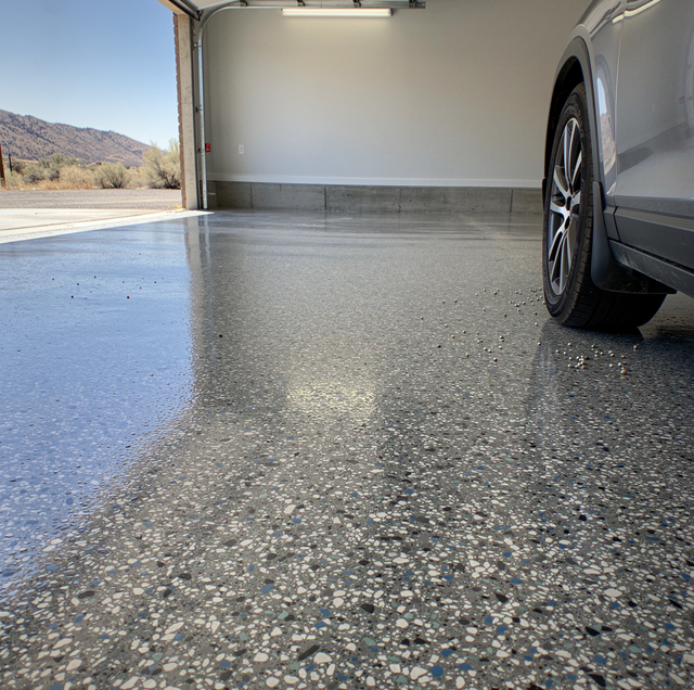 flake and metallic epoxy floor samples side by side