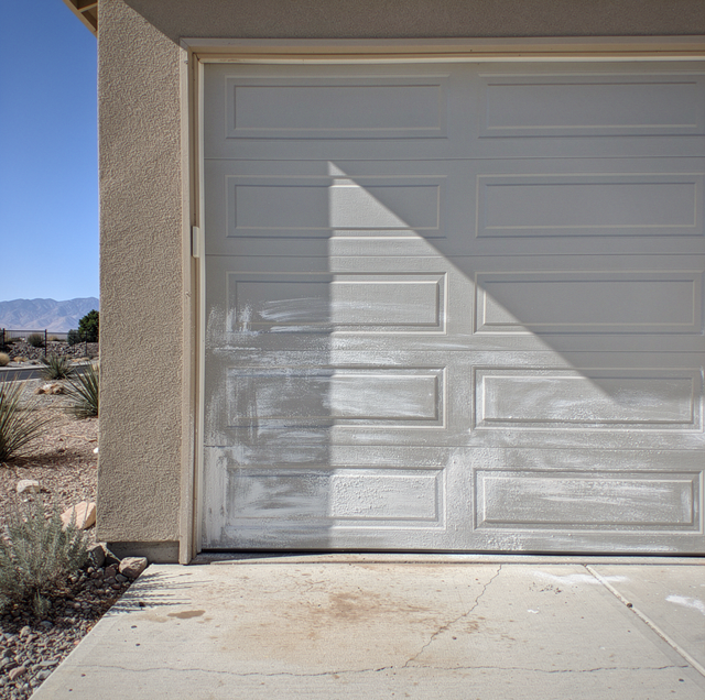 faded garage door front door and shutters on suburban house