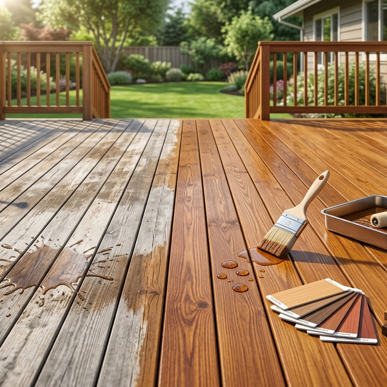 Weathered deck boards absorbing water beside freshly stained wood, illustrating deck stain lifespan, fading protection, UV exposure, and restaining.