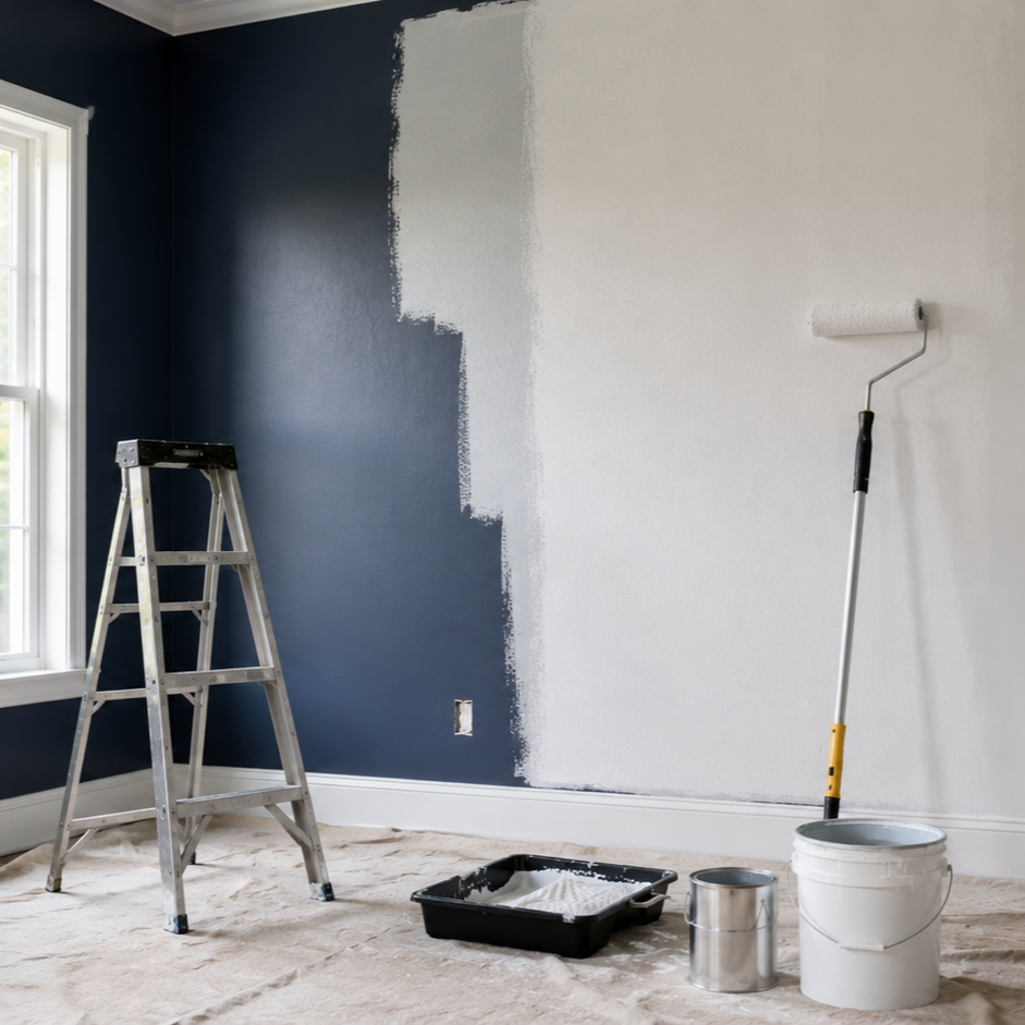 White paint covers a dark navy wall inside a room with a ladder, roller, paint tray, and paint bucket. The image illustrates priming and repainting over dark interior colors.