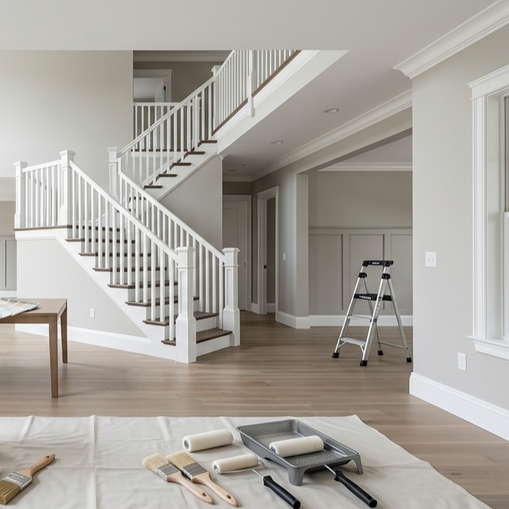 Painting supplies and a ladder sit inside a large residential space with freshly painted walls and trim. The image represents whole-house interior painting, renovation preparation, and professional finishing work.