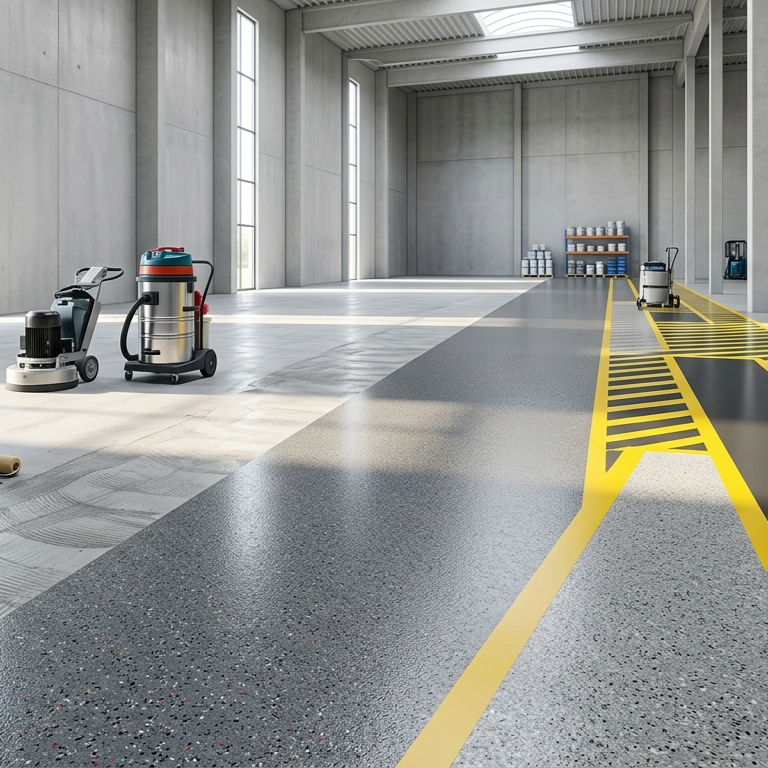 Commercial warehouse epoxy flooring installation featuring polished industrial floor coating, surface preparation equipment, safety striping, and durable high-performance flooring designed for heavy warehouse traffic.
