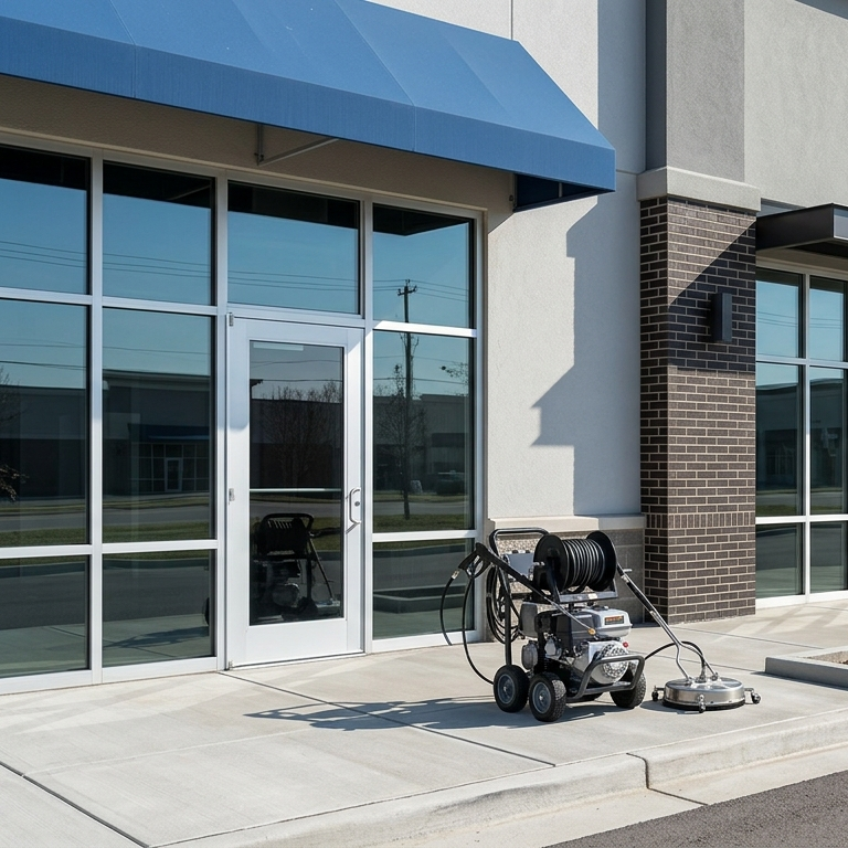 Commercial storefront exterior being maintained with professional power washing equipment, highlighting routine sidewalk and facade cleaning to improve curb appeal and customer impressions.