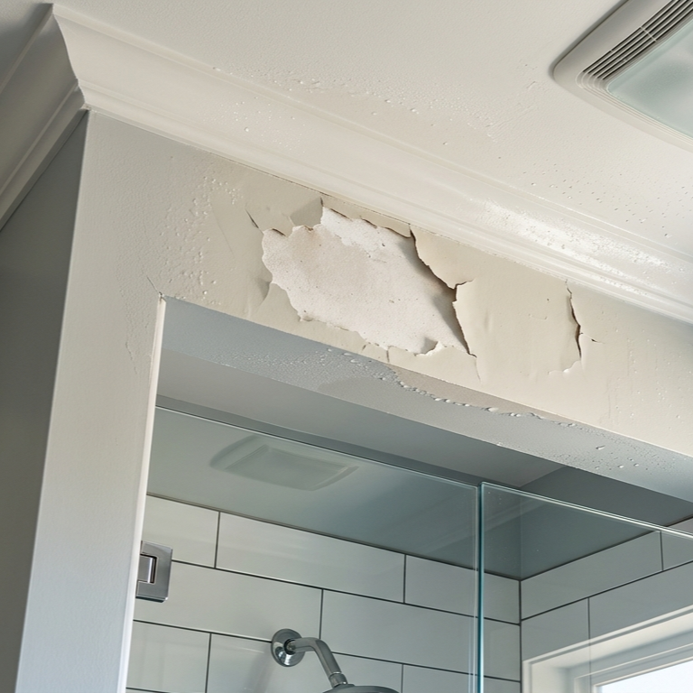 Bathroom wall and ceiling with peeling paint near a shower. Visible bubbling and flaking indicate moisture-related damage, showcasing the effects of humidity, condensation, and inadequate ventilation.