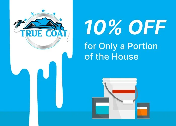 Advertisement for a painting company offering 10% off on a portion of painting a house. The ad includes a paint bucket, a paintbrush, and a paint roller, with a blue background and a logo of a house with mountains and stars.