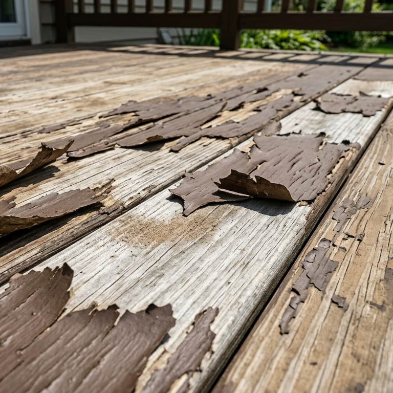 Peeling deck stain on weathered wood boards, demonstrating coating failure, moisture damage, and the need for proper preparation.