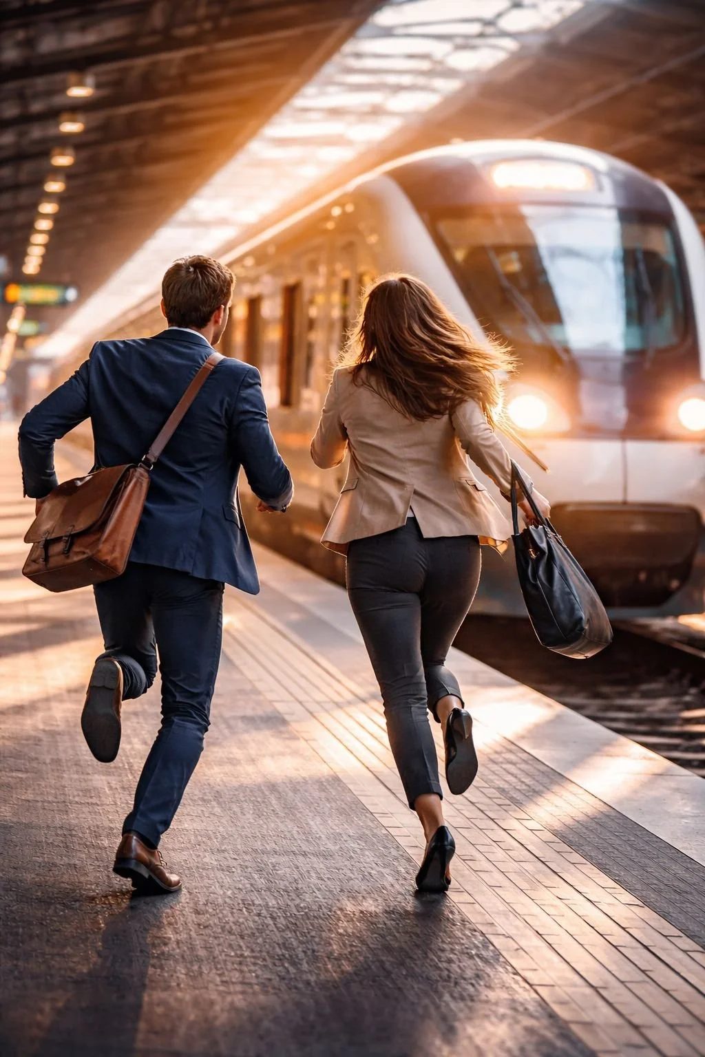 Deux personnes en costume courant vers un train dans une station de métro, avec un éclairage chaud