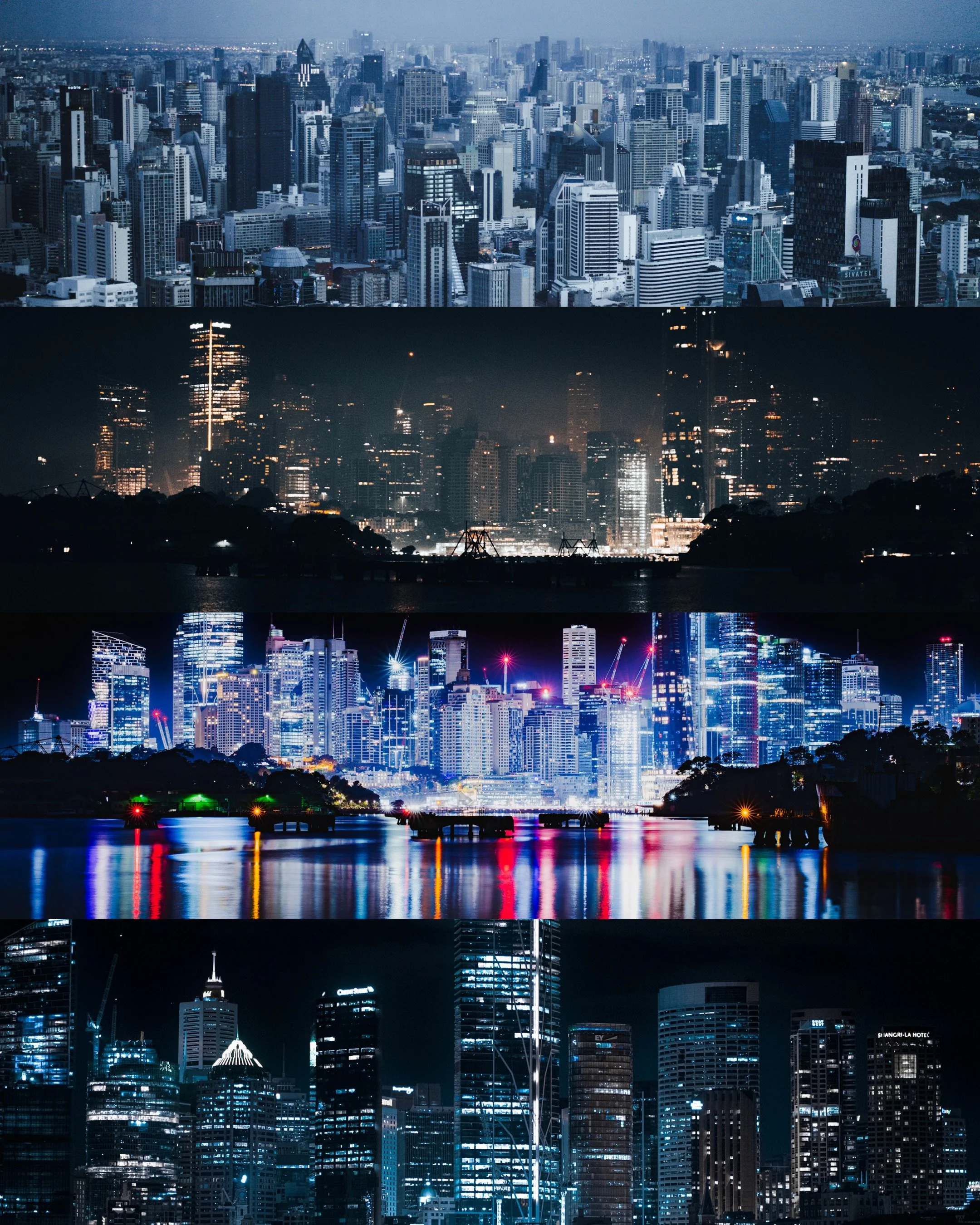 Four panoramic images of the same city skyline at different times, showcasing daytime, night, evening, and late night views of tall skyscrapers, illuminated buildings, reflections on water, and city lights.