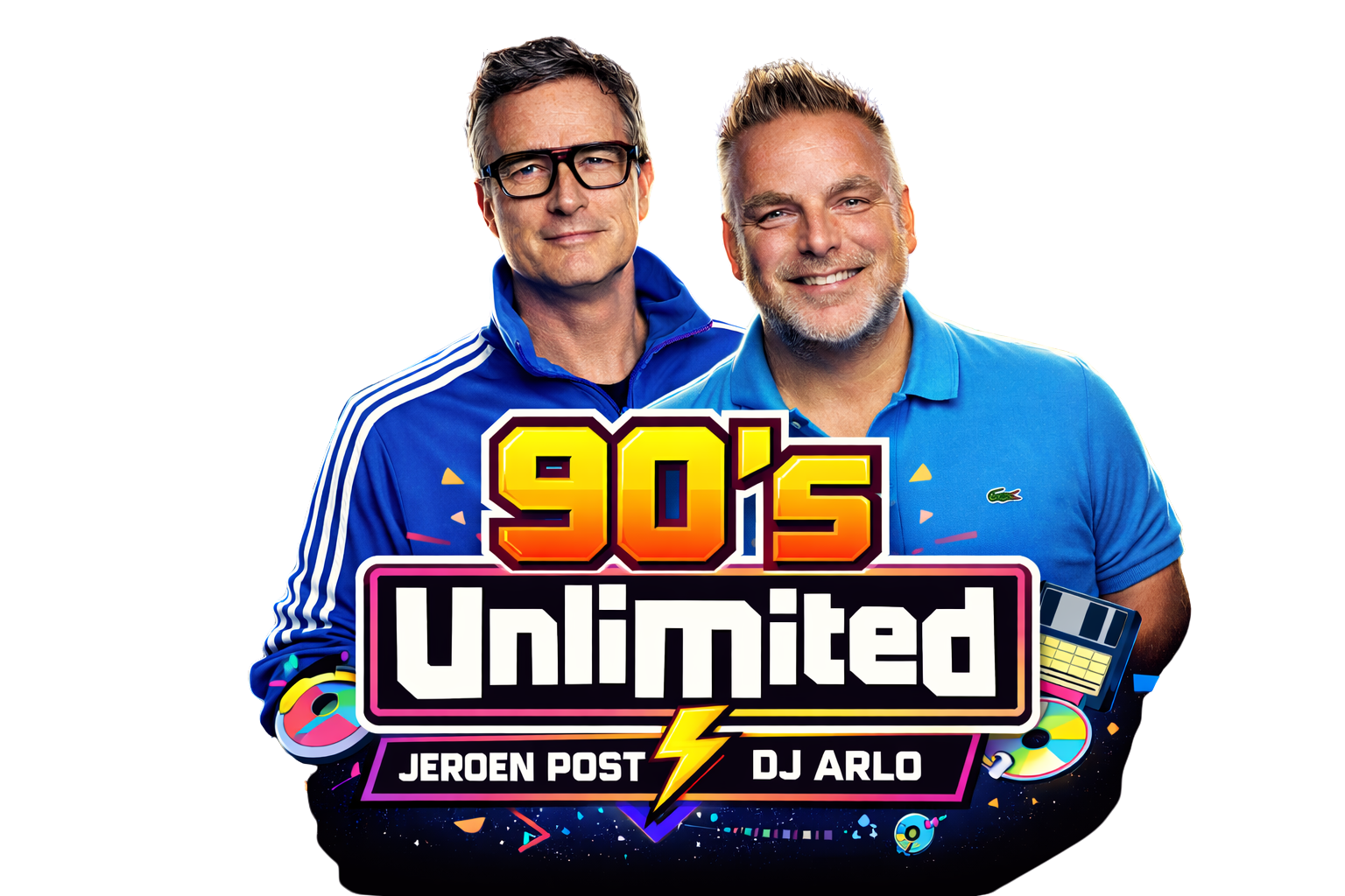 Promo graphic for '90s Unleashed' featuring Jeroen Post and DJ Arlo, with vibrant colors, retro icons, and bold text.