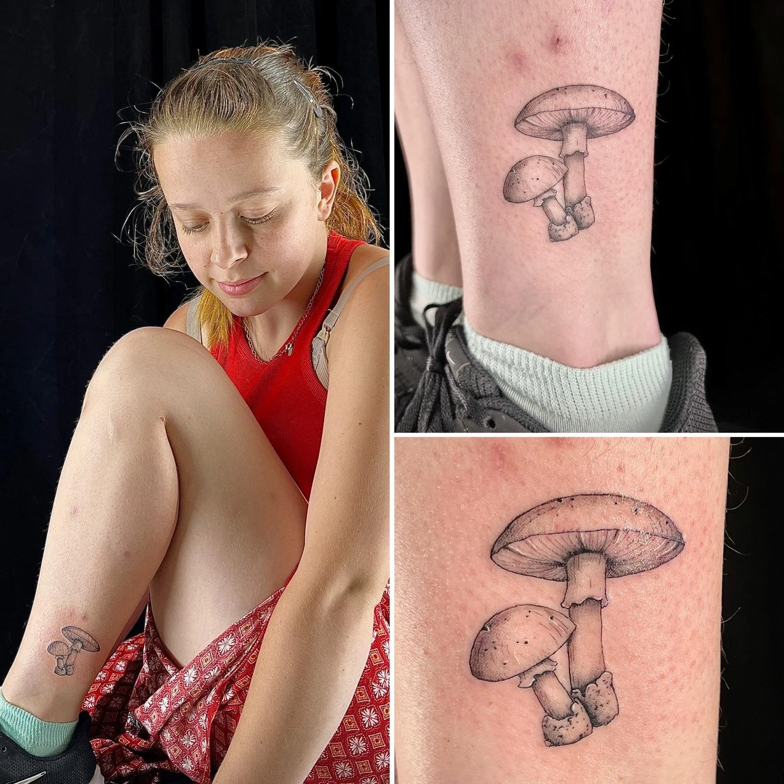 Junge zeigt ein Bein mit einer Pilz-Tätowierung, Nahaufnahme der Tätowierung auf dem Unterschenkel, Fisch-Tätowierung auf dem Oberschenkel, junge Frau mit roten Kleid und grauem Hemd, dunklen Haaren, sitzt vor schwarzem Hintergrund.