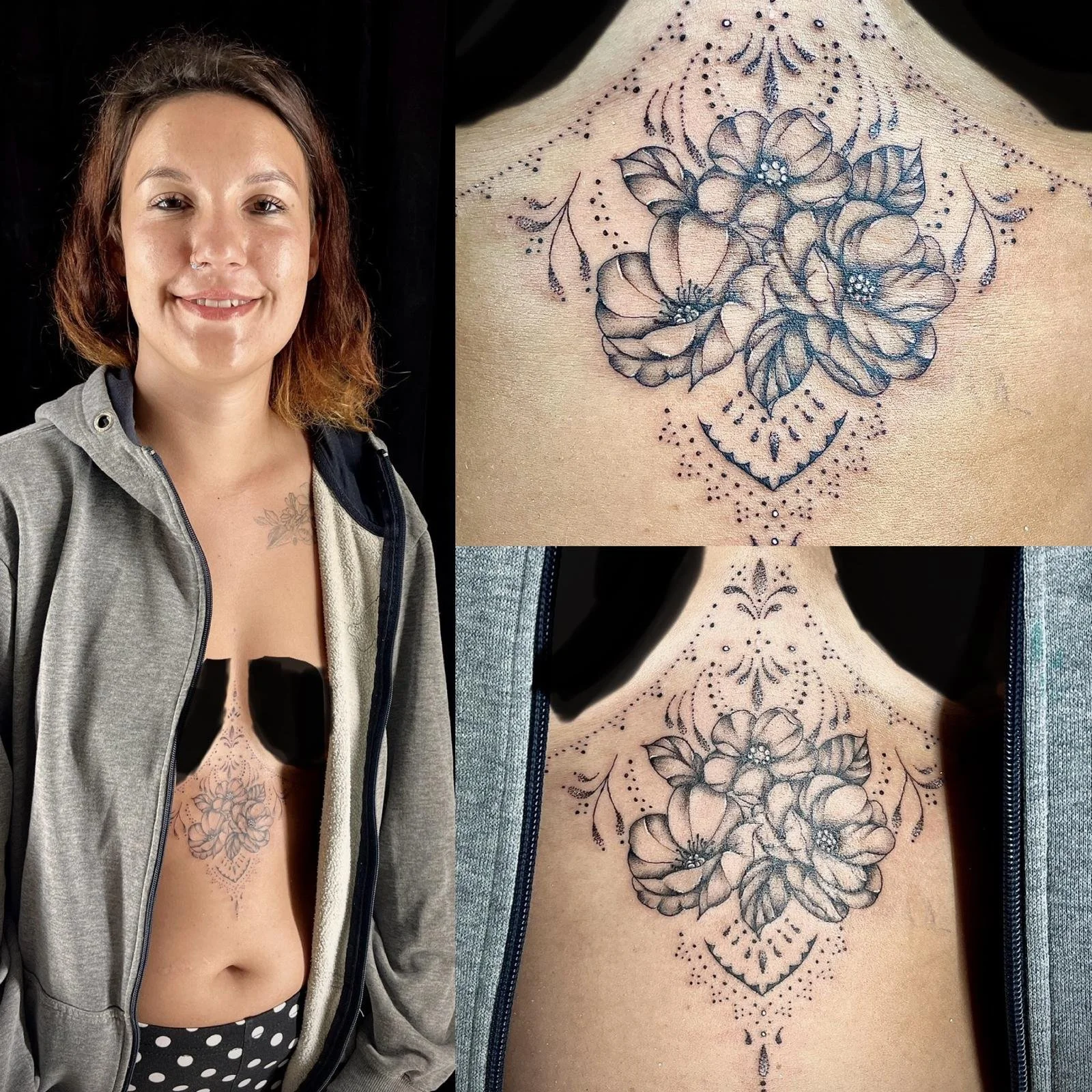 Porträt eines lachenden Mädchens mit Tattoos auf Brust und Bauch, neben Nahaufnahmen der Tattoos mit Blumen- und Musterelementen.