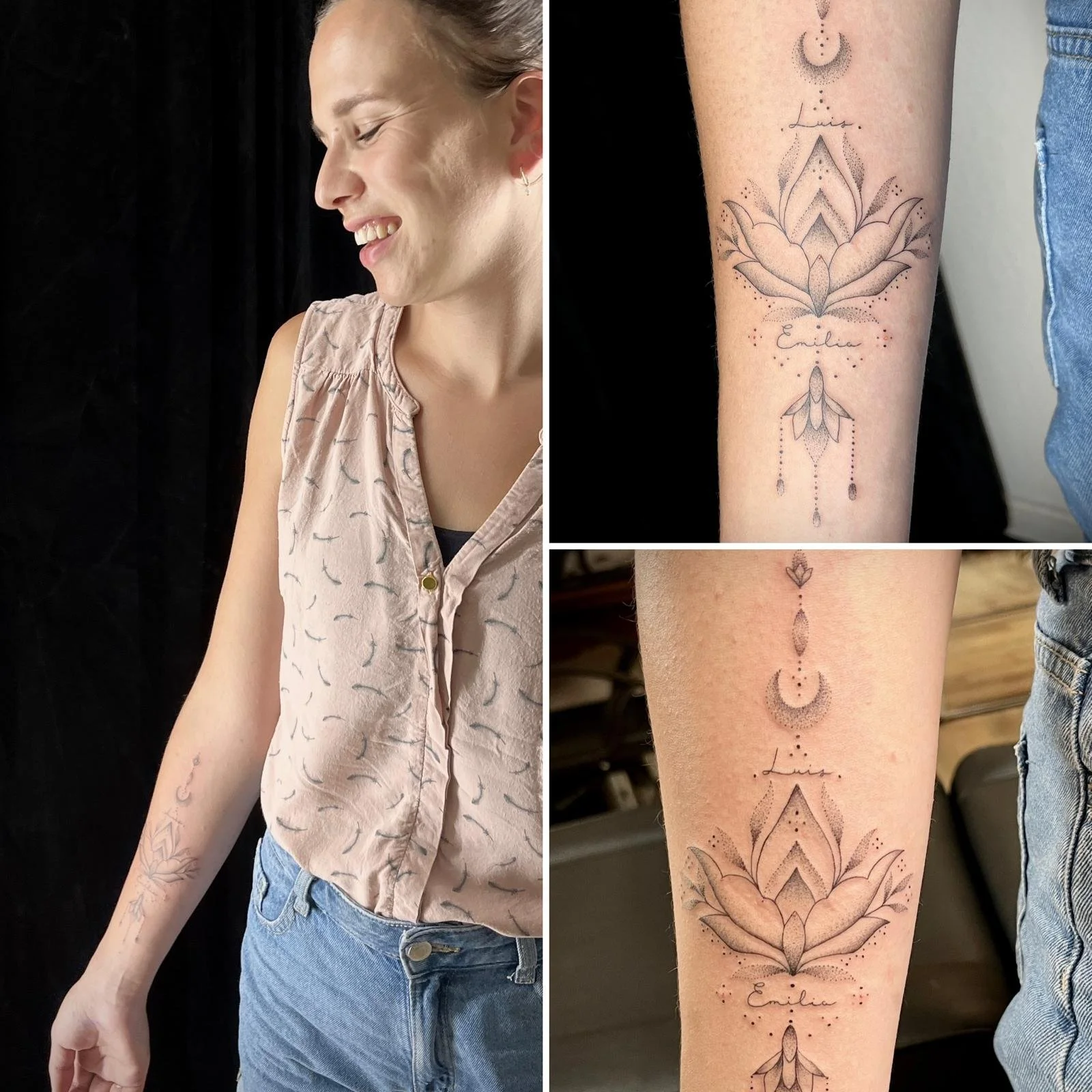 Eine Frau mit Tattoo-Designs auf dem Arm, bestehend aus einer Lotusblüte, einer Mondsichel, einem Stern und dem Namen Emilie geschrieben. Die Tattoos sind zart und detailreich gestaltet.