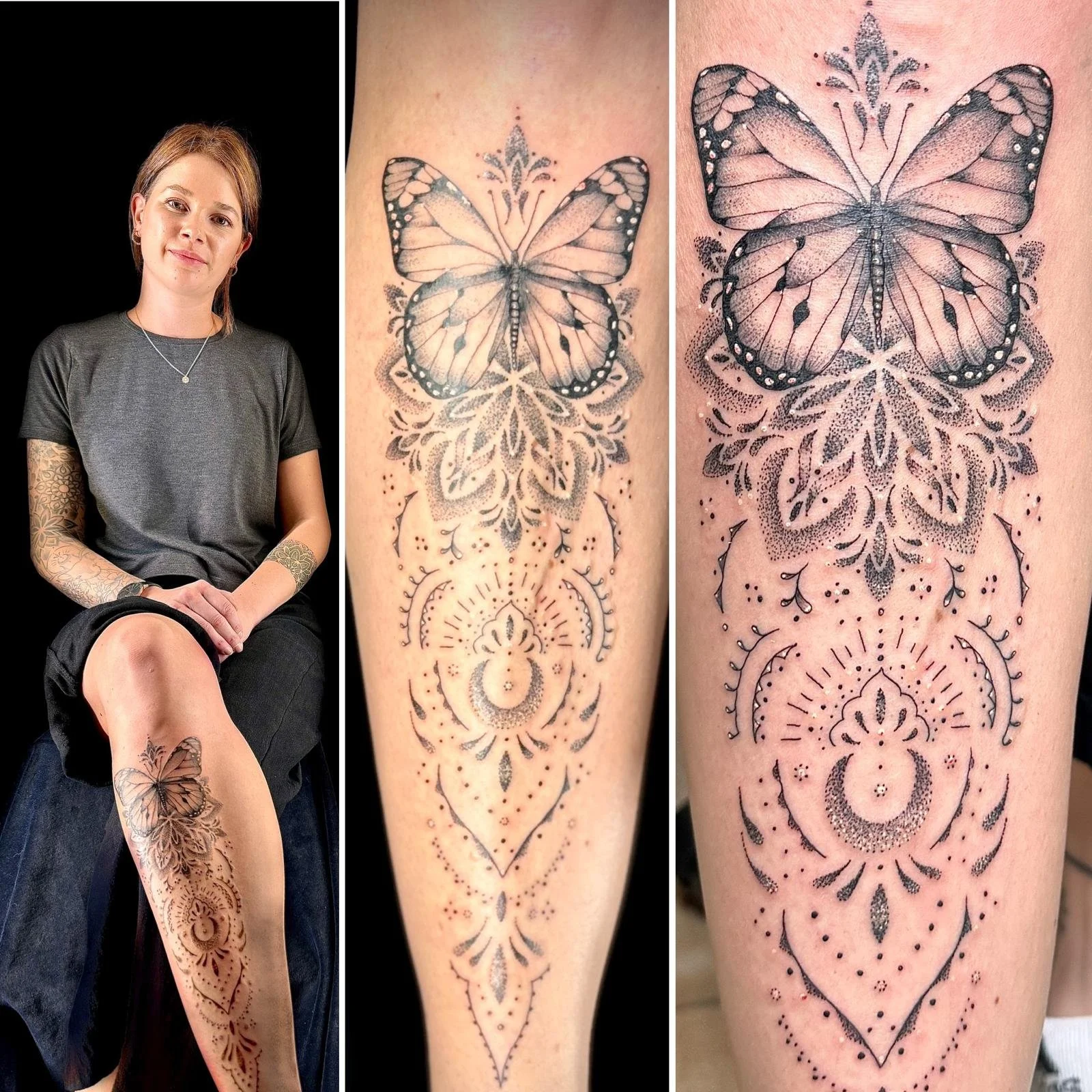 Eine Frau mit einem Schwarz-Grau-T-Shirt und Tätowierungen am Arm und Bein, sowie eine Nahaufnahme ihres Tattoos auf dem Unterarm, das ein detailliertes Schmetterlingsmuster mit Mandala-Elementen zeigt.