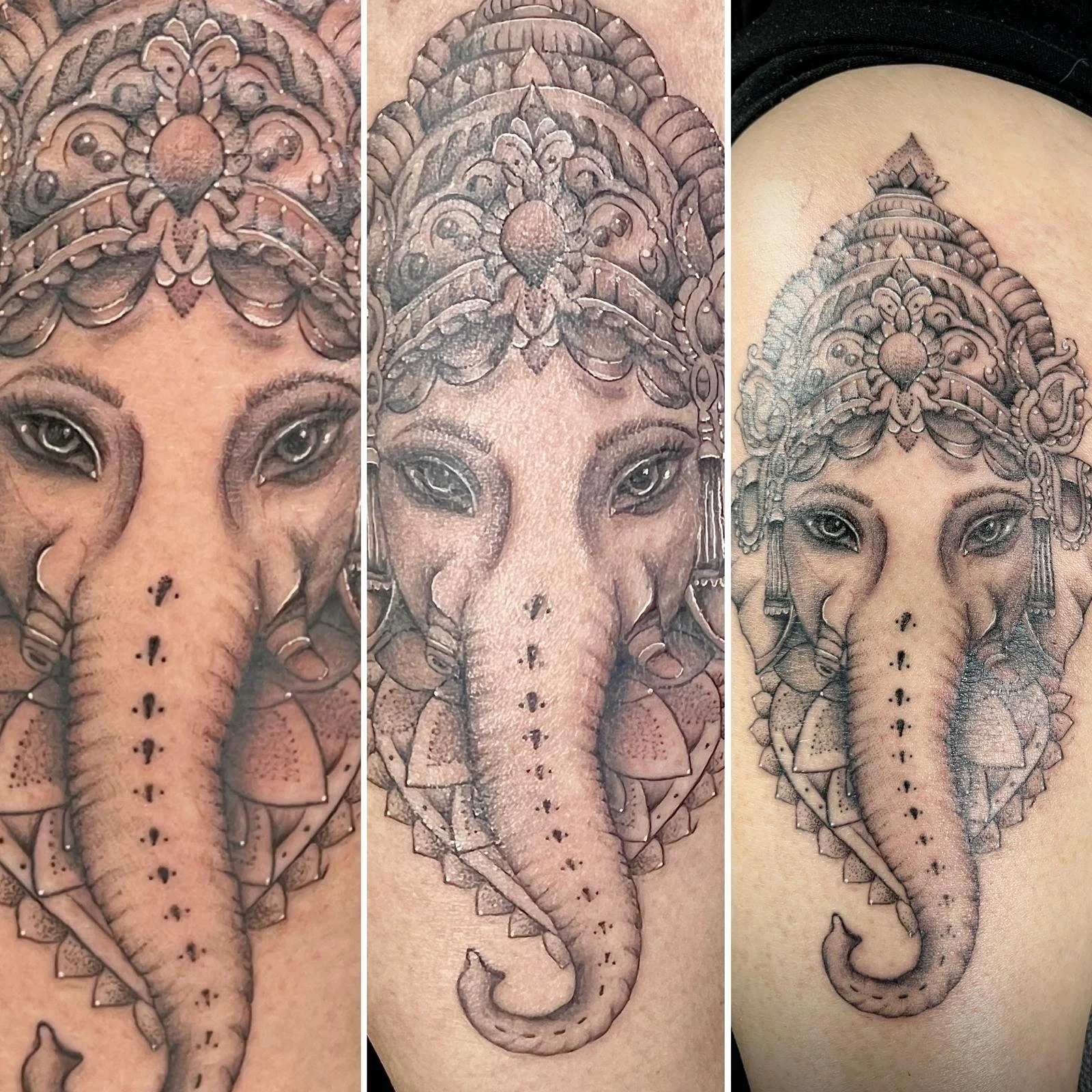 Detailliertes Tattoo eines Elefantenkopfs mit indisch inspiriertem Design auf der Haut.