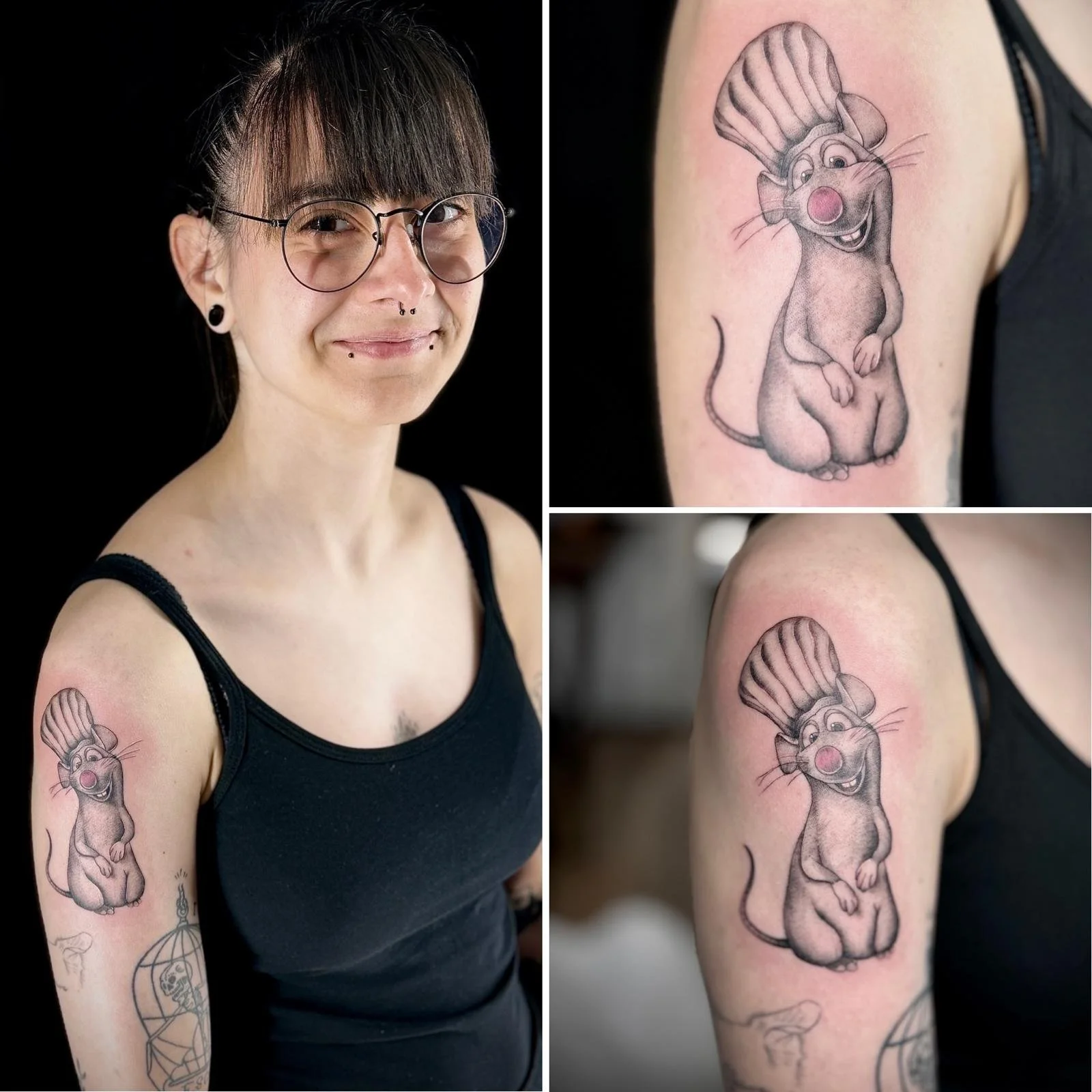 Eine junge Frau mit dunklen Haaren, Brille und Tattoos am Oberarm, die ein Tattoo des cartoonhaften Rattenkochefs aus dem Animationsfilm ‚Ratatouille‘ zeigt.