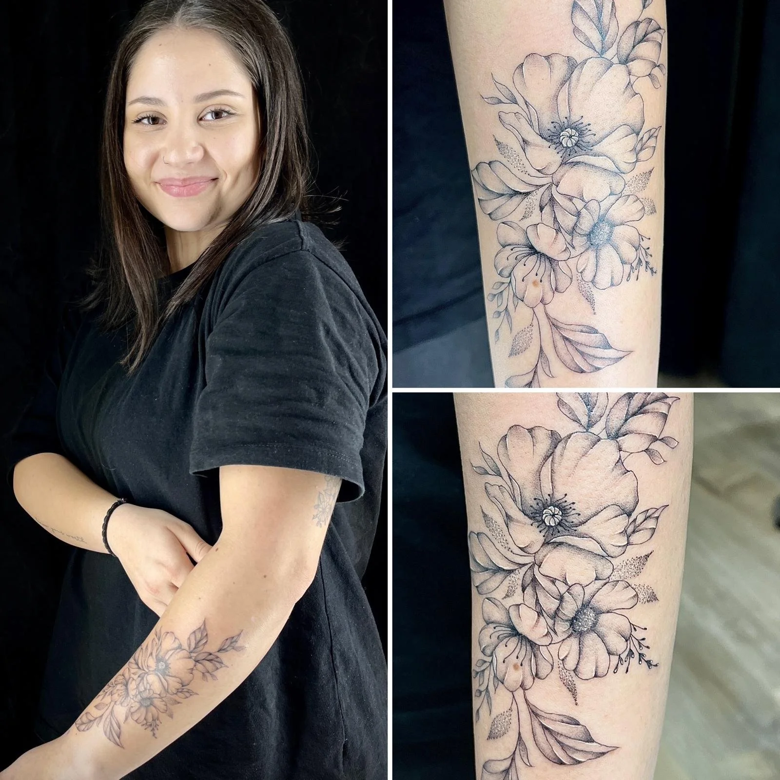 Eine junge Frau mit dunklem Haar zeigt ihren Arm mit einer schwarzen und grauen Tätowierung eines Blumenbuketts, Nahaufnahmen der Tätowierung sind neben dem vollständigen Bild zu sehen.