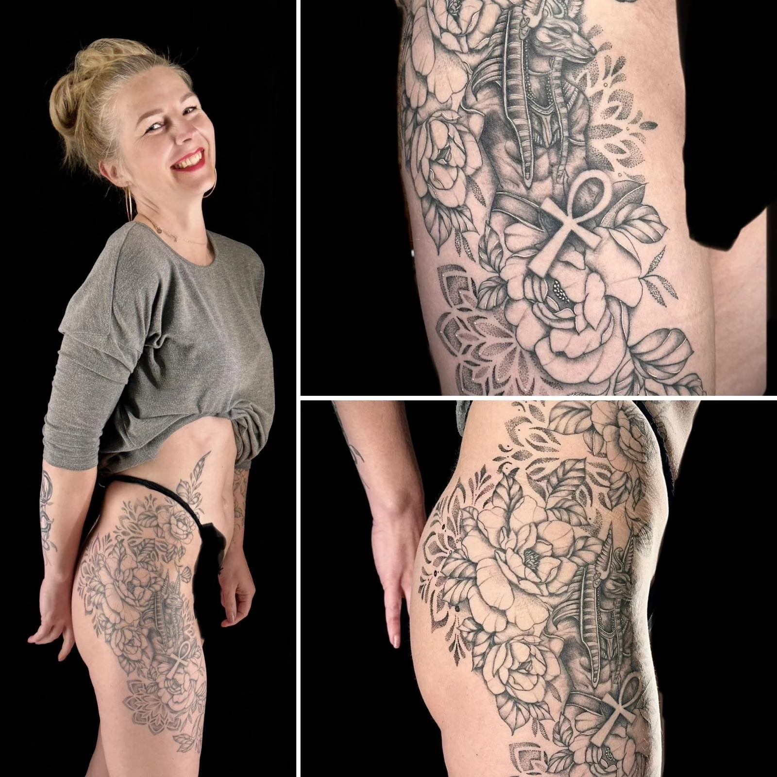 Eine lächelnde junge Frau mit Tattoos auf Arm und Oberschenkel, trägt einen grauen Pullover und schwarze Höschen, vor schwarzem Hintergrund.