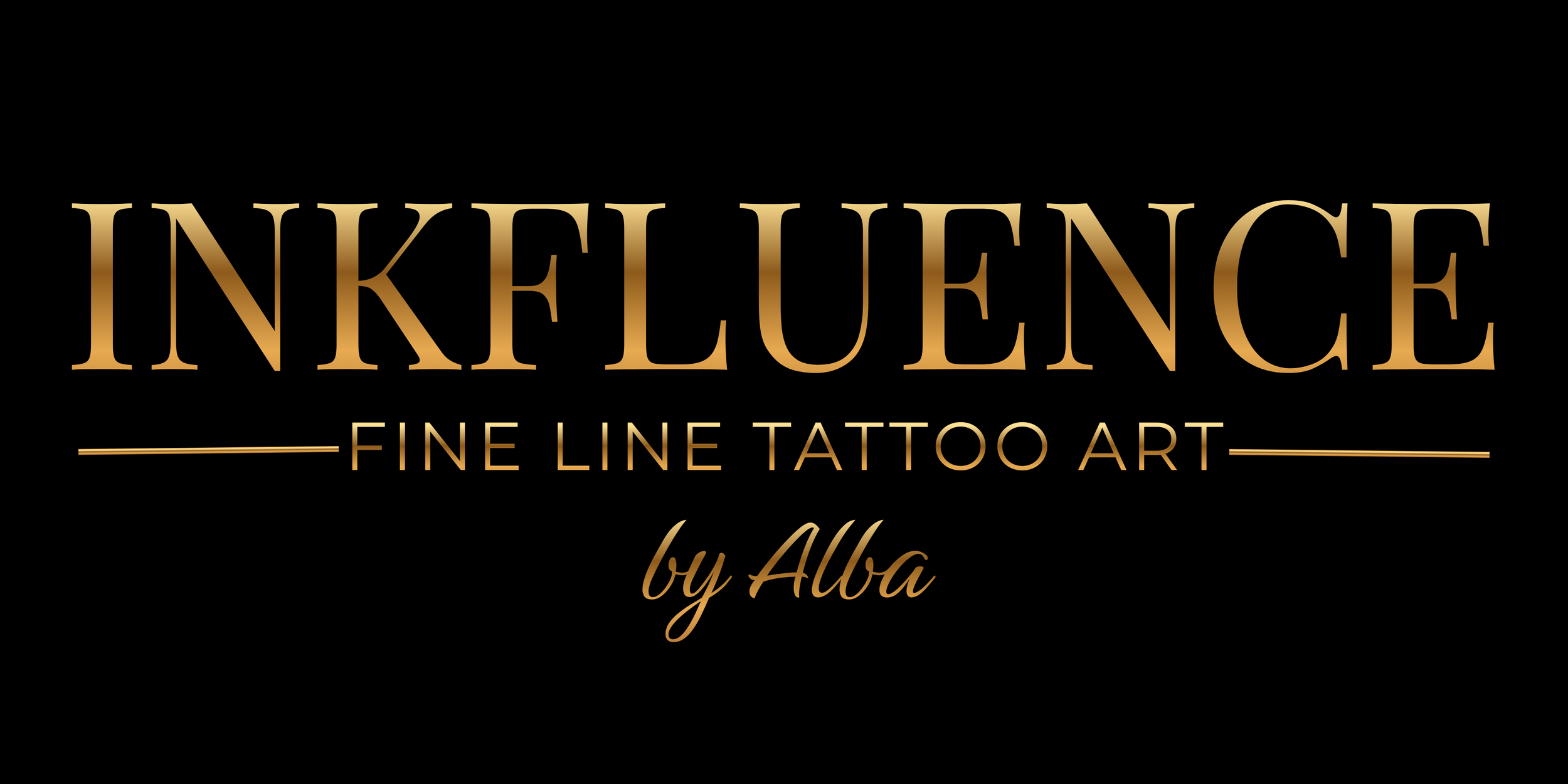 Logo mit dem Text 'INKFLUENCE FINE LINE TATTOO ART by Alba' in goldener Schrift auf schwarzem Hintergrund.