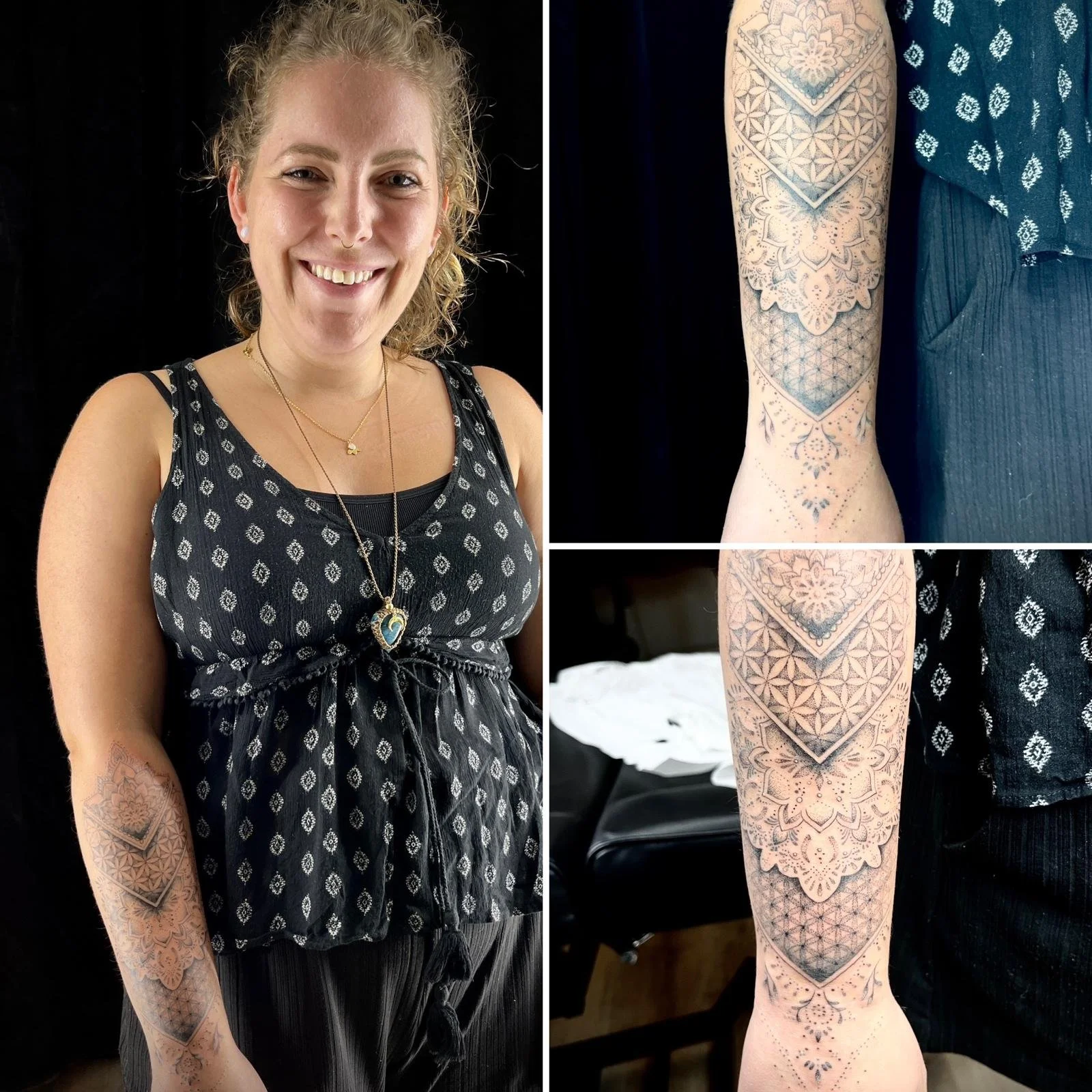 Frau mit tätowierter Schulter und Oberarm, trägt schwarze Kleidung mit weißen Mustern, lächelt, trägt Goldketten, hochwertiges Tattoo-Design auf Arm mit geometrischen und floral inspirierten Mustern.