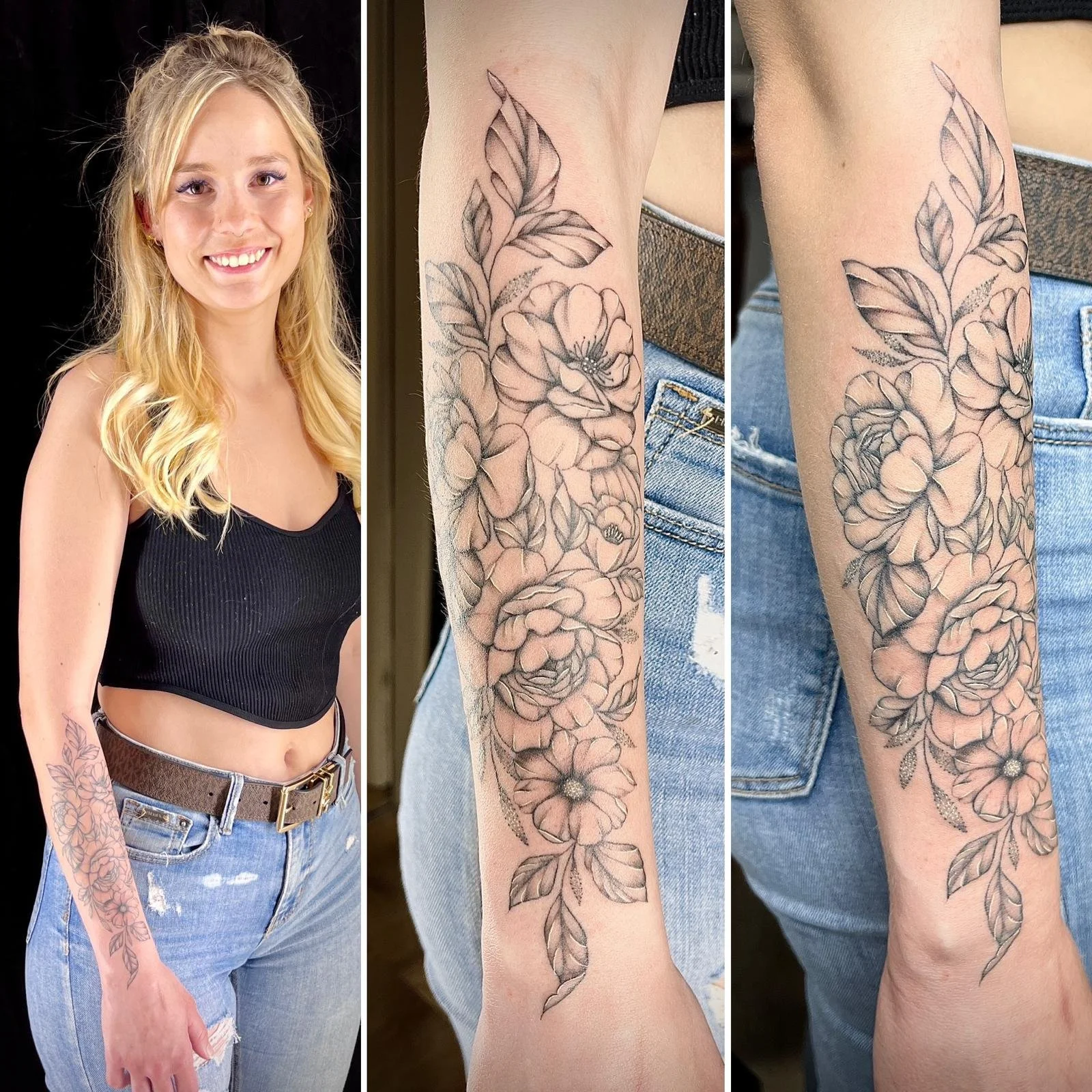 Eine junge Frau mit schöner Blonden Haar, trägt eine schwarze Crop-Top und Jeans. Sie zeigt einen schwarzen Blumentattoo an ihrem rechten Arm.