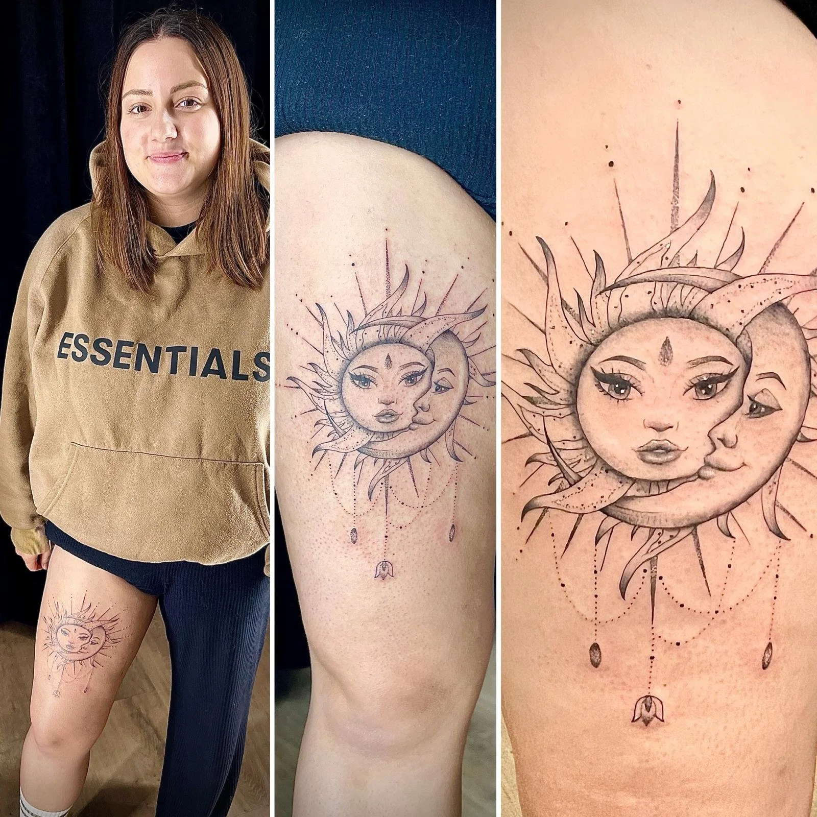 Eine Frau mit einem Tattoo am Oberschenkel, das eine Mond- und Sonnenfigur mit Gesicht zeigt, umgeben von Sonnenstrahlen und Dekorationen.