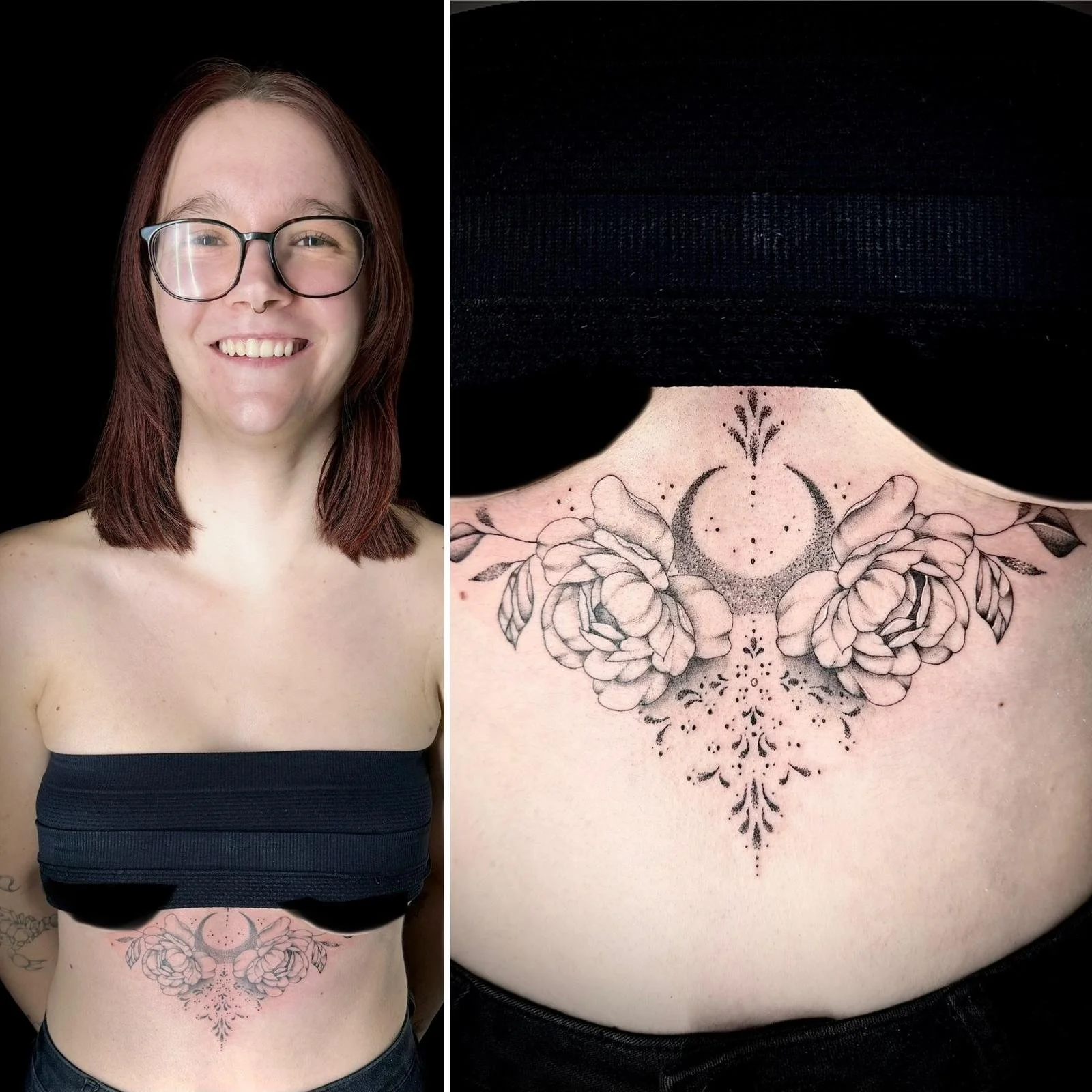 Ein portrait einer lächelnden jungen Frau mit Brille und roten Haaren, die ein schwarzes Oberteil trägt, sowie eine nahe Ansicht eines Tattoos auf ihrem Bauch. Das Tattoo zeigt zwei Blumen, einen Halbmond, ein Mondphasen-Symbol, Sternchen und dekorat