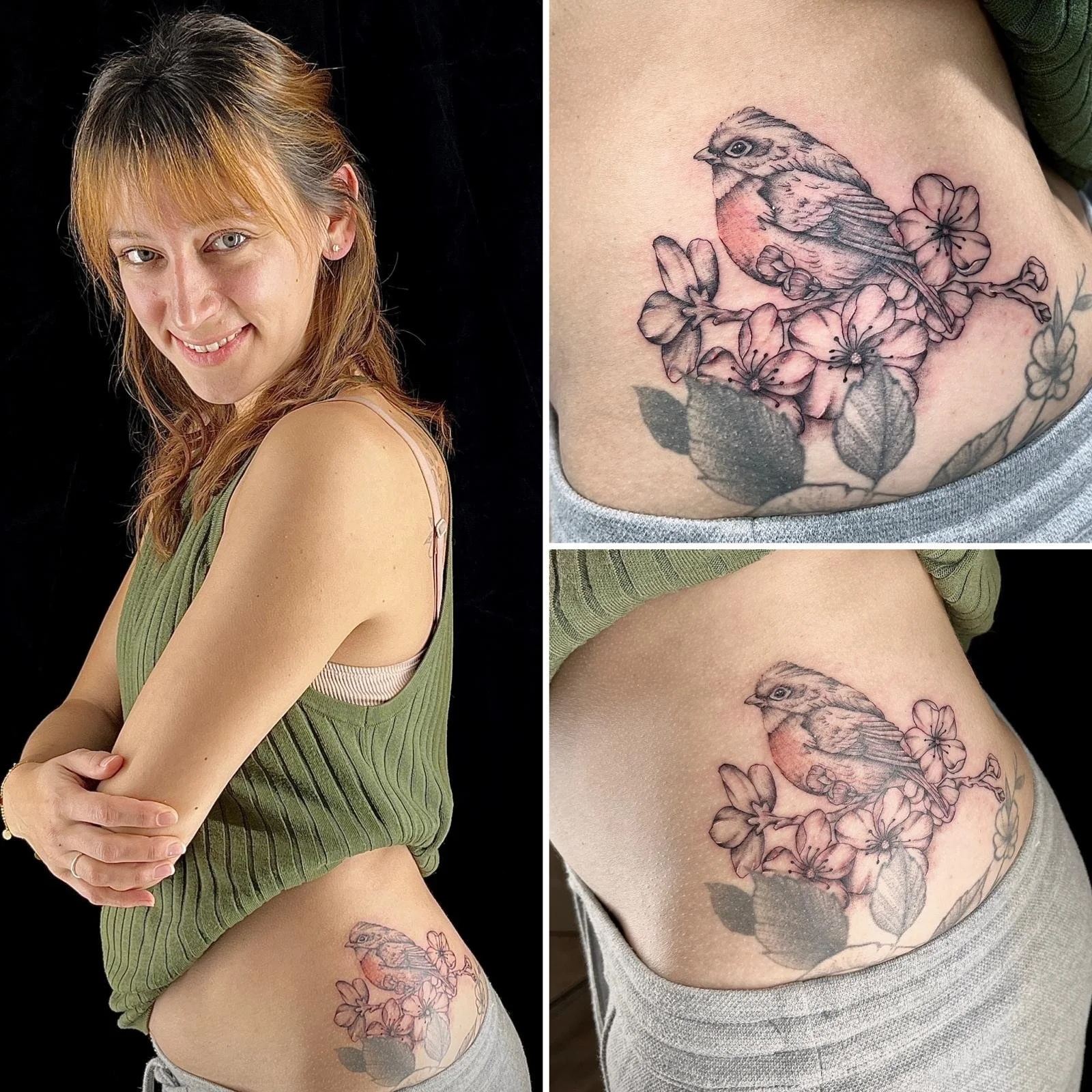 Eine junge Frau mit rotbraunen Haaren und blauen Augen zeigt stolz ihre frisch tätowierte Vogel- und Blumenzeichnung auf der Seite ihres Bauches. Die Tätowierung zeigt einen Vogel, umgeben von Blüten und Blättern, in zarten Schwarz- und Grautönen mit