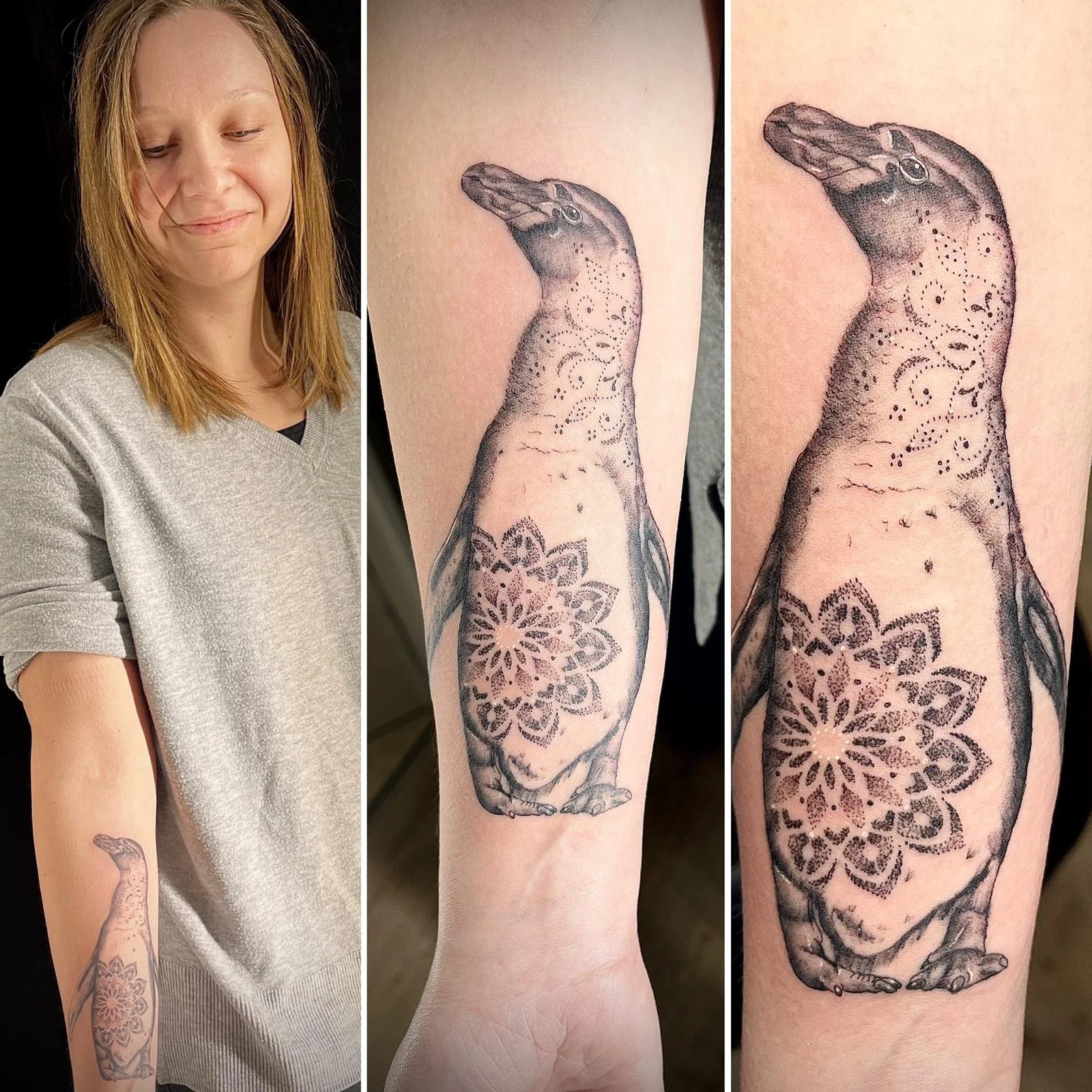 Frau zeigt ihr Tattoo eines Otters mit Mandala-Design auf dem Unterarm.