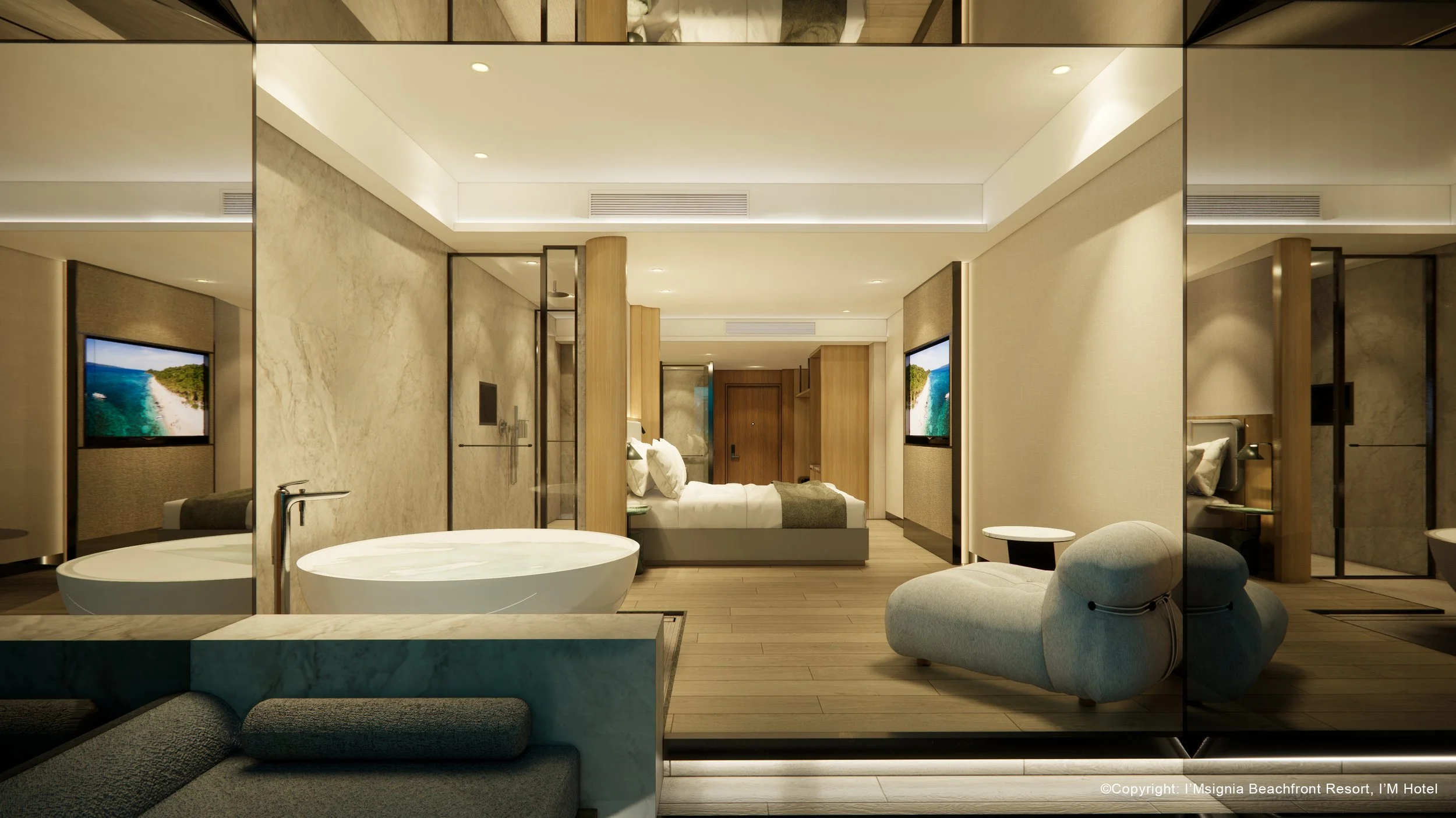 Modern hotel suite with a bed, sitting area, bathtub, and armchair, viewed through a glass wall.