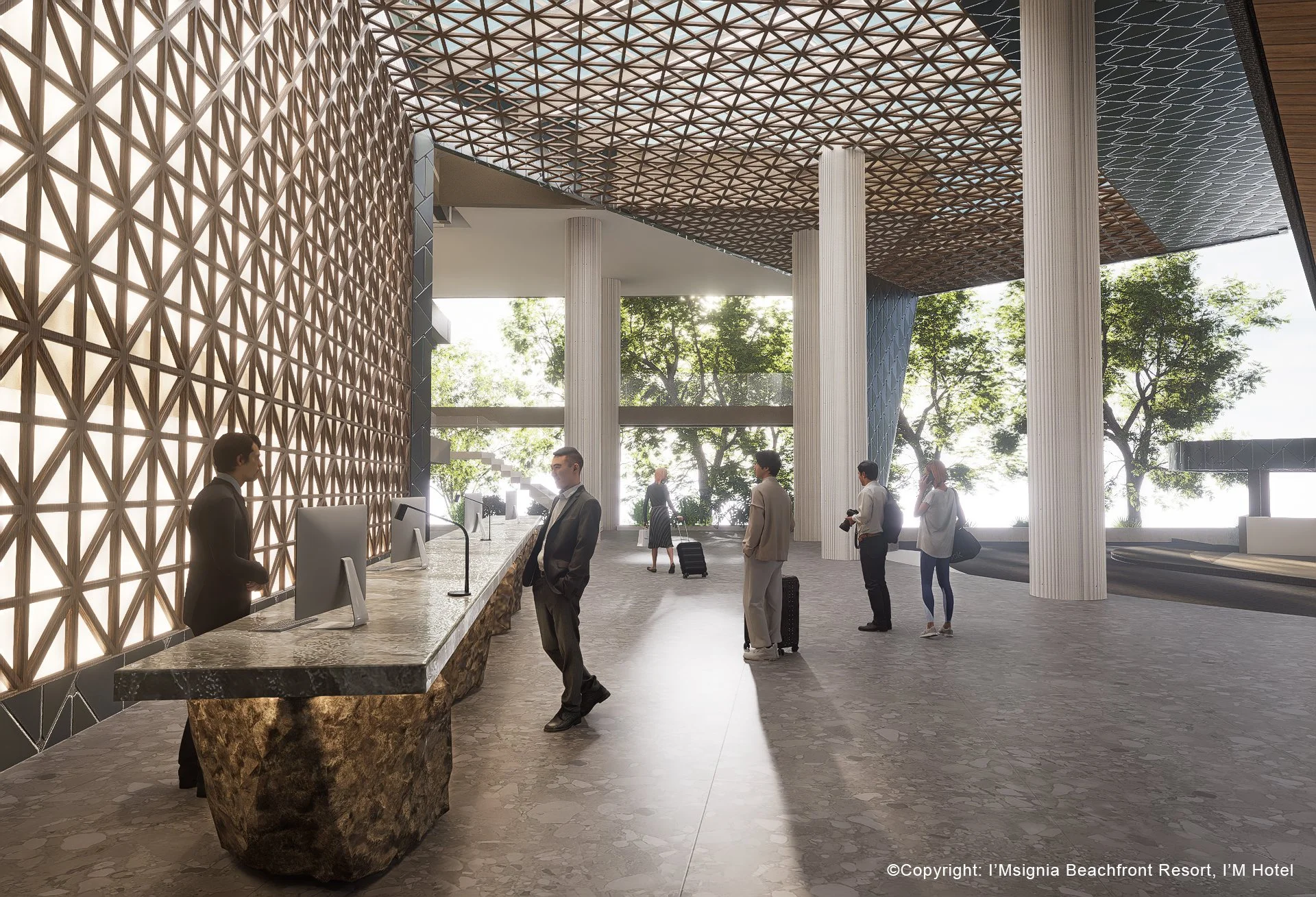 Hotel lobby with guests waiting at the reception desk, large columns, decorative ceiling, and large windows with a view of trees outside.