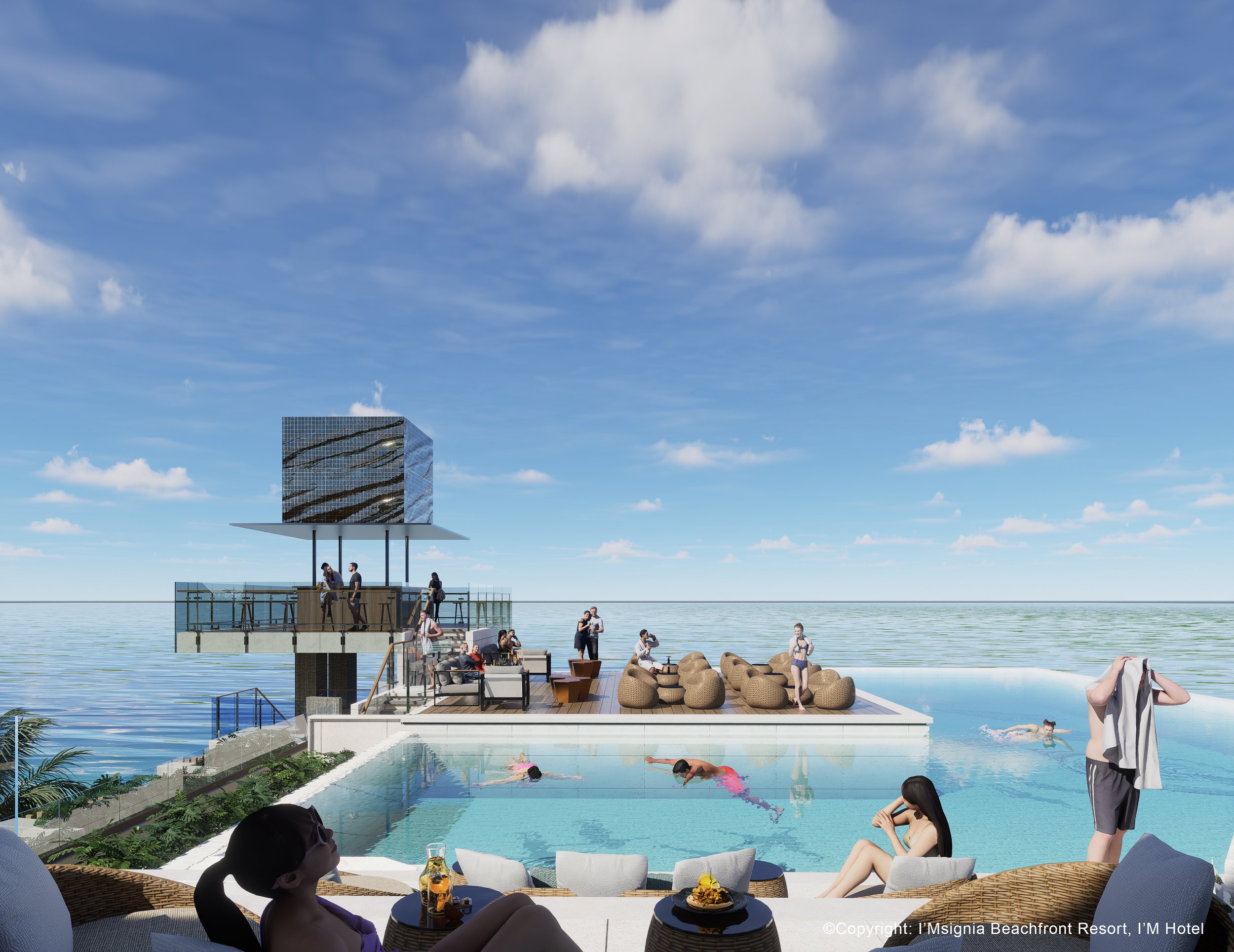 A rooftop infinity pool with people swimming and relaxing, overlooking the ocean with a modern building in the background, and a blue sky with scattered clouds.
