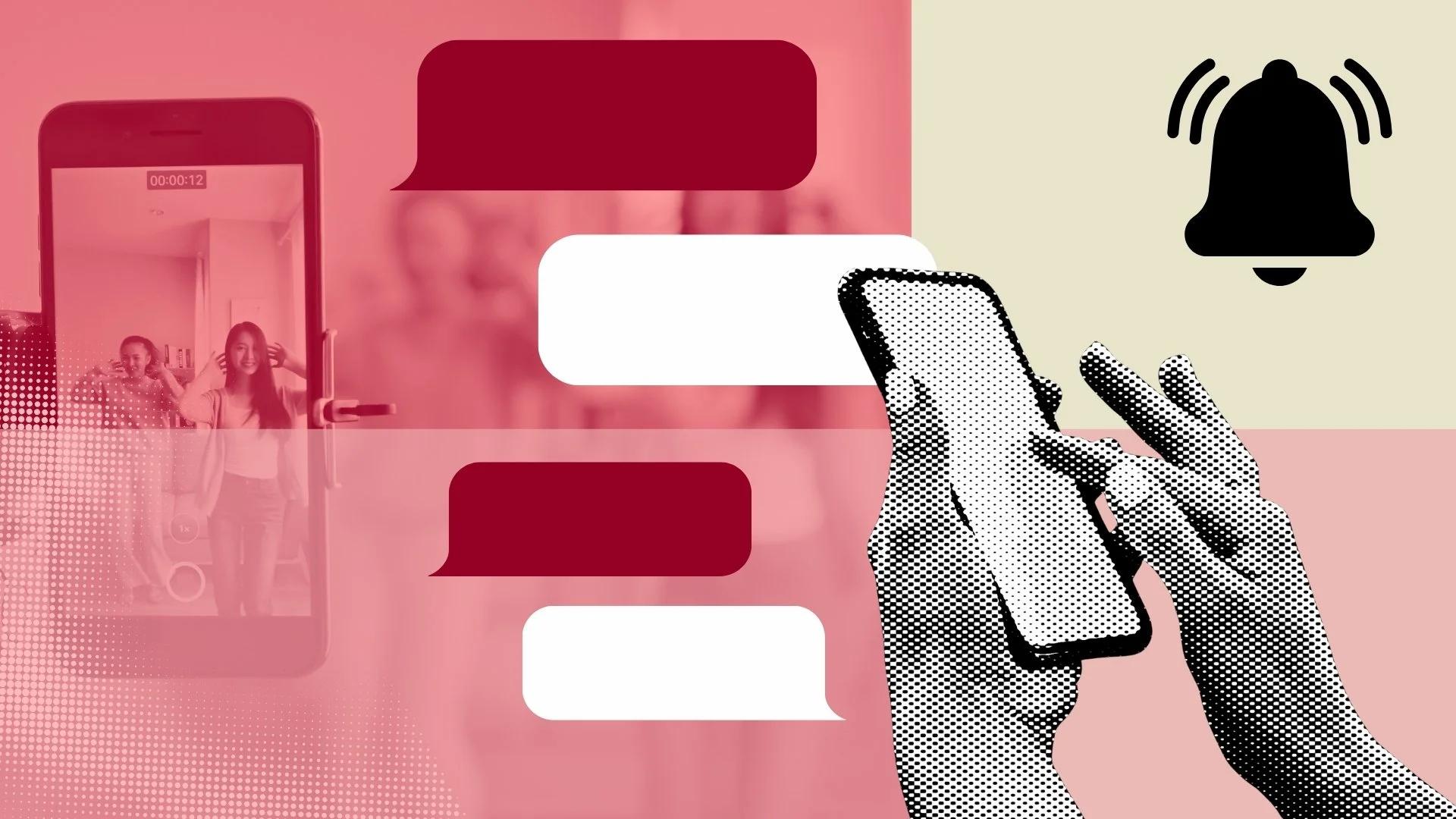 Illustration of social media messages and a phone notification bell