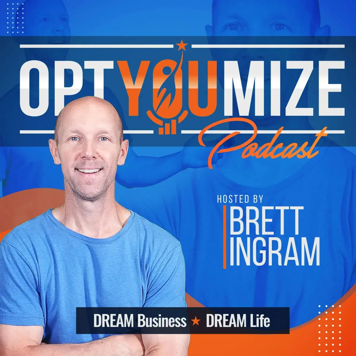 Cover art for the 'Opt Y U Mize Podcast,' hosted by Brett Ingram, featuring a smiling man in a blue shirt with a colorful background that includes the podcast title and logos.