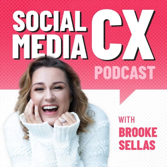 A smiling woman with blonde hair wearing a white sweater, advertising a social media CX podcast with Brooke Sellas, on a pink and white background.