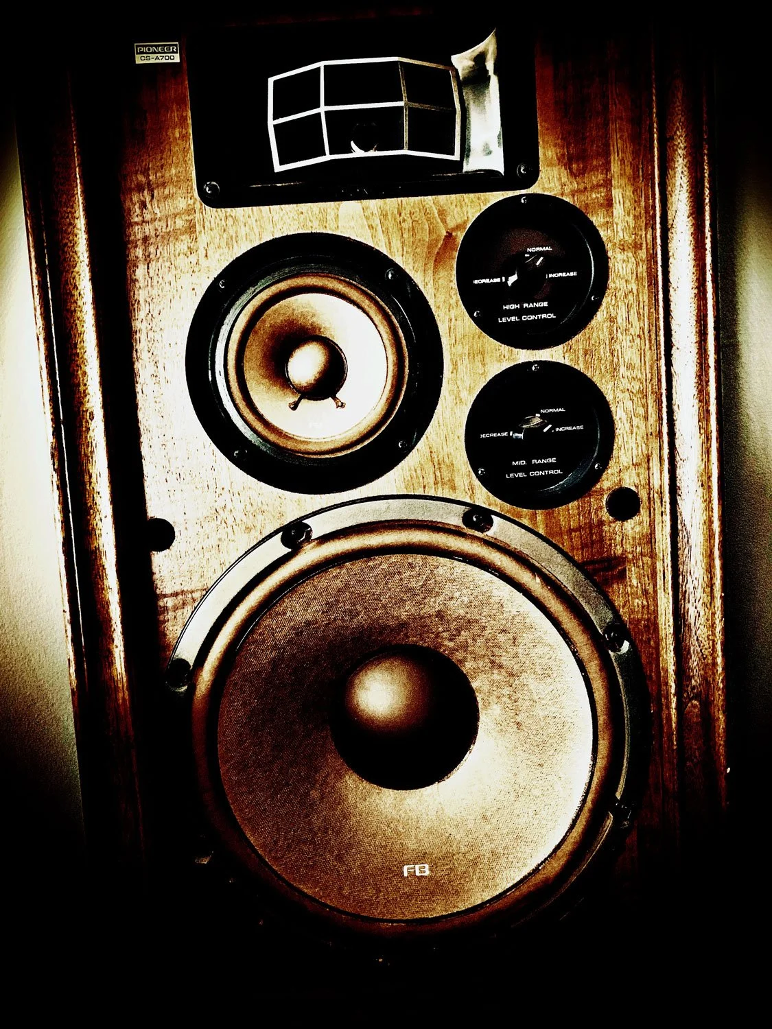 A vintage wooden floor-standing speaker with multiple drivers, including a large woofer, a smaller mid-range driver, and two way control knobs on the front, along with a small black horn top speaker.