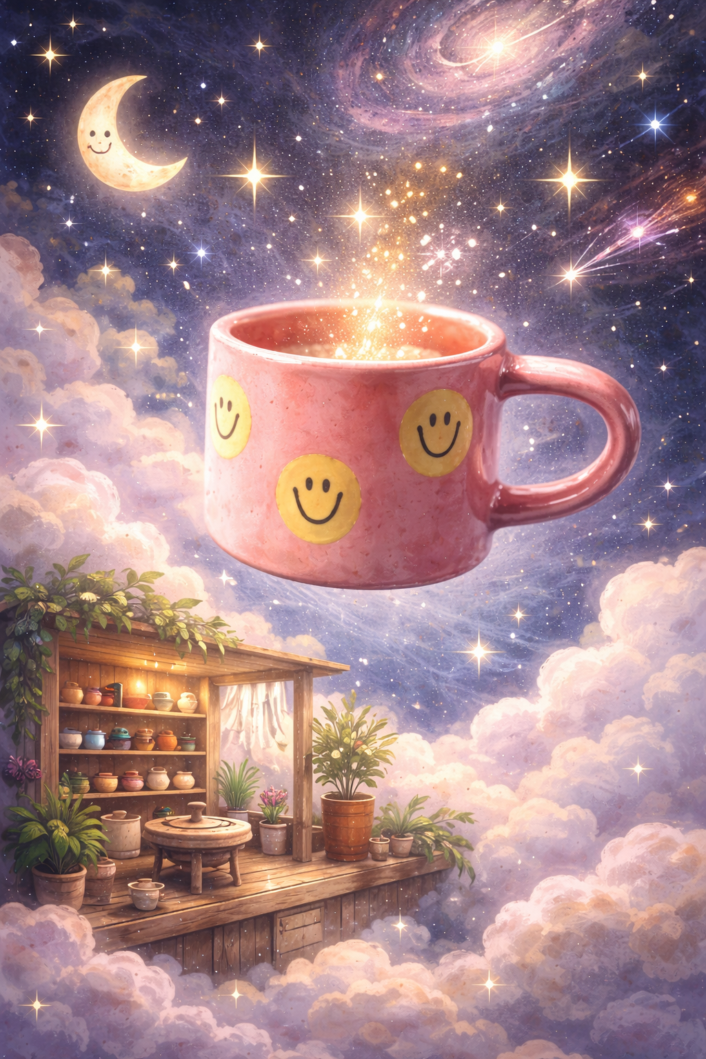Ein pinker, lachender Becher schwebt im Himmel voller Sterne, Planeten und einer Galaxie. Unten im Bild ist eine Holzhütte mit bepflanztem Balkon, umgeben von Wolken.