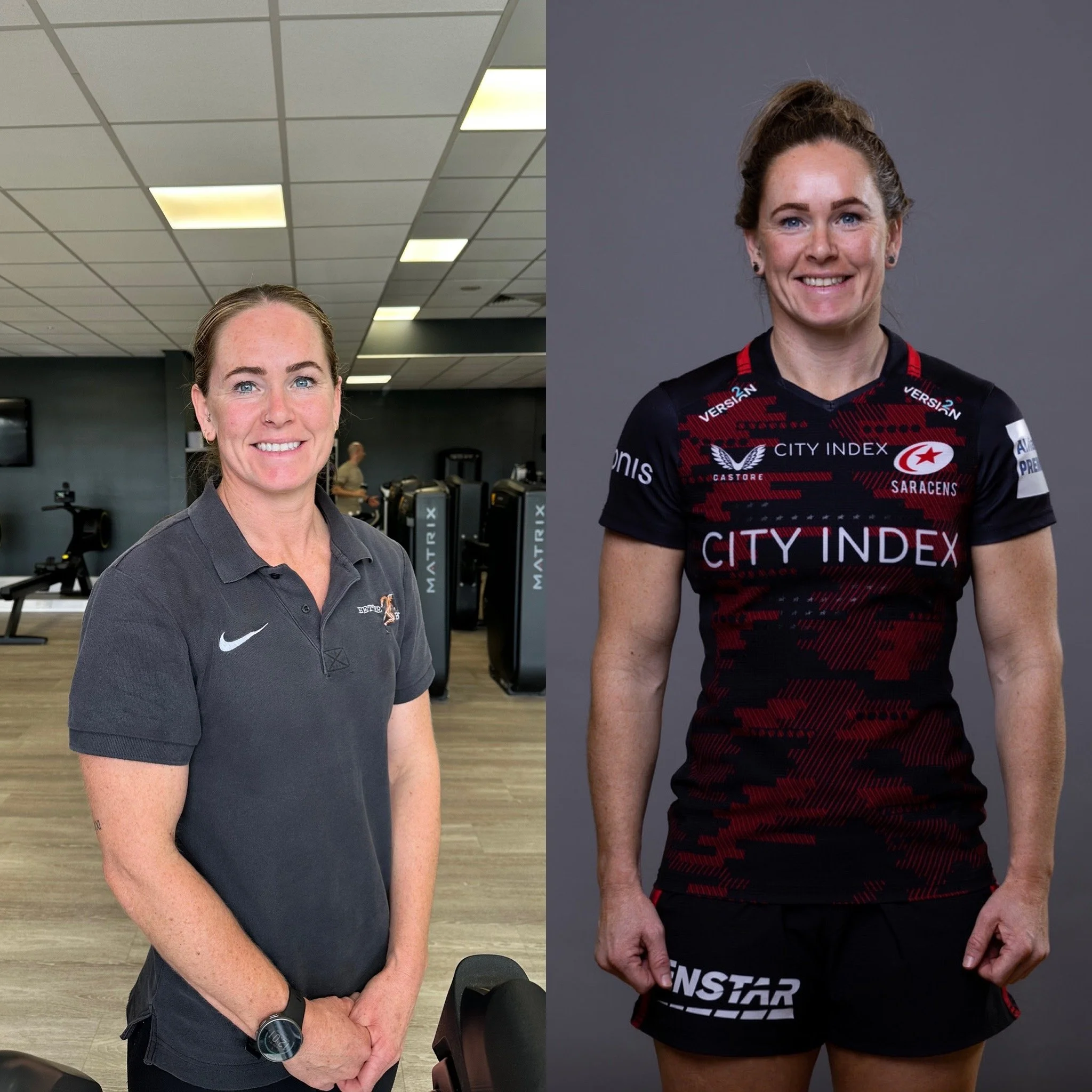 Side-by-side comparison of a woman in an office setting wearing a gray polo shirt with a logo, and another woman in a sports jersey with sponsor logos, standing against a gray background.
