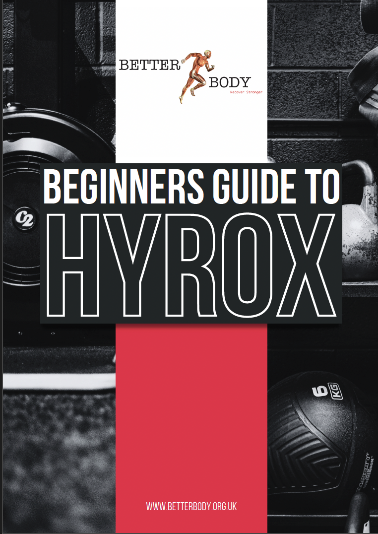 Cover of a beginner's guide to hyrox with a black background, featuring an image of exercise equipment, including a kettlebell and a weight, and a logo with a running figure and the words 'Better Body'.