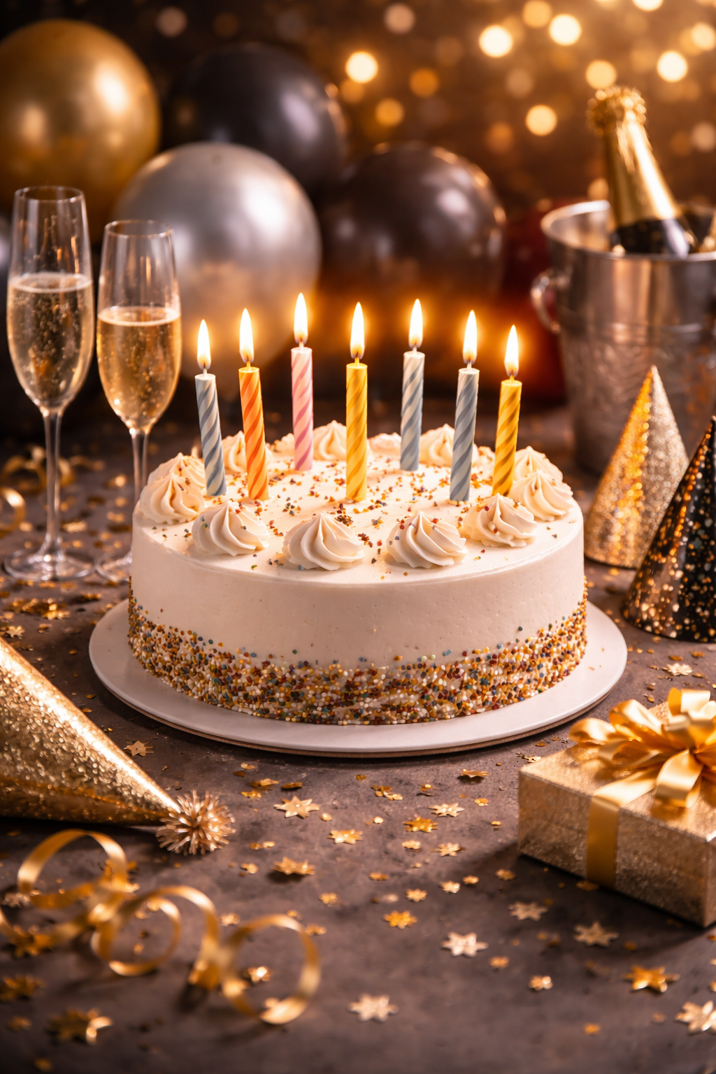 Geburtstagstorte mit sieben brennenden Kerzen, umgeben von Gold- und Silberdekorationen, Champagner, Partyhüten, Geschenk und Konfetti.