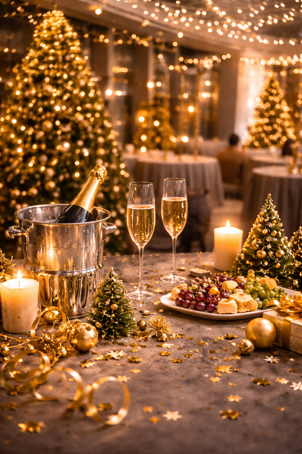 Ein festlich gedeckter Tisch mit Sekt, Kerzen, kleinen Weihnachtsbäumen, Gold- und Silberdeko, Feinkostplatte mit Weintrauben und Käse, im Hintergrund festlich dekorierte Räume mit Weihnachtsbäumen und Lichterketten, für eine Weihnachtsfeier vorbereitet.