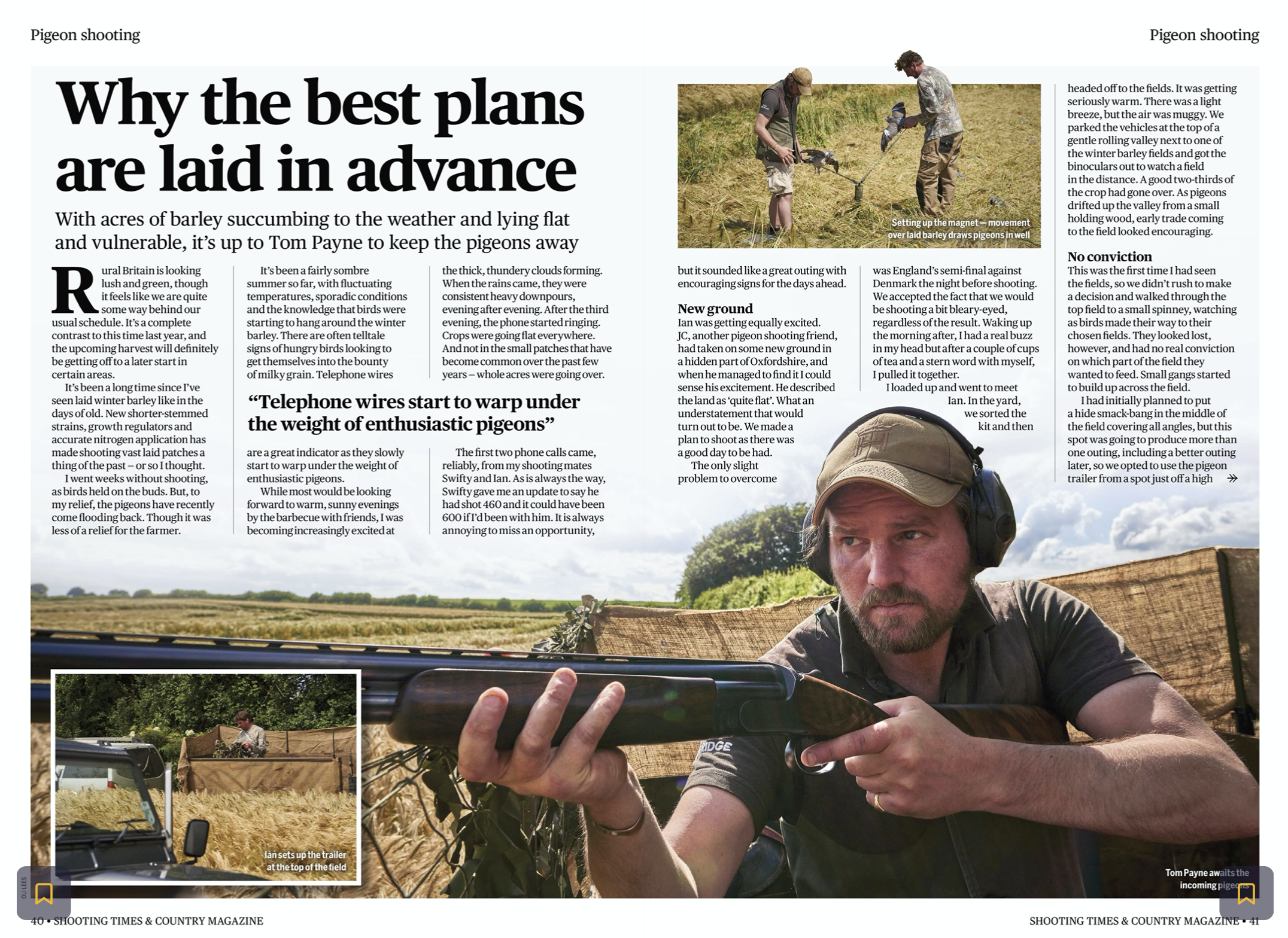 A man with a beard and cap aiming a shotgun from or near a trailer in a field, with two smaller inset images showing him setting up the trailer and standing in the field. An article about pigeon shooting is displayed on the page.