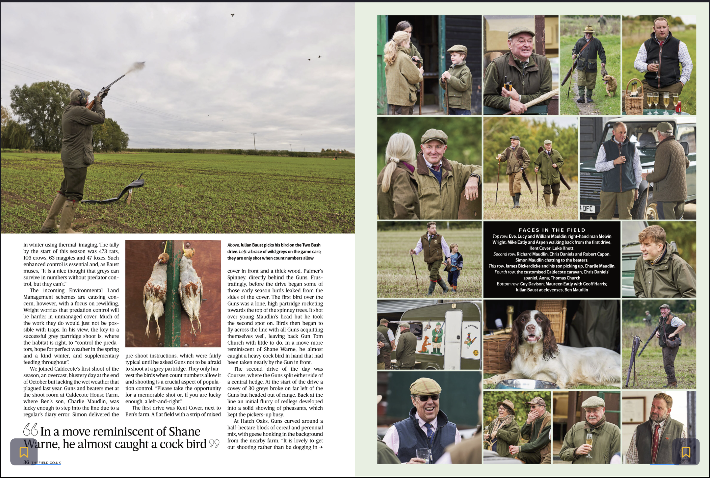 A man in outdoor clothing shooting at birds in a field with a shotgun. Above him, in the sky, there are several birds flying. The right side shows multiple smaller photos of people, mostly men, at a bird hunting event, engaging in conversations, walk