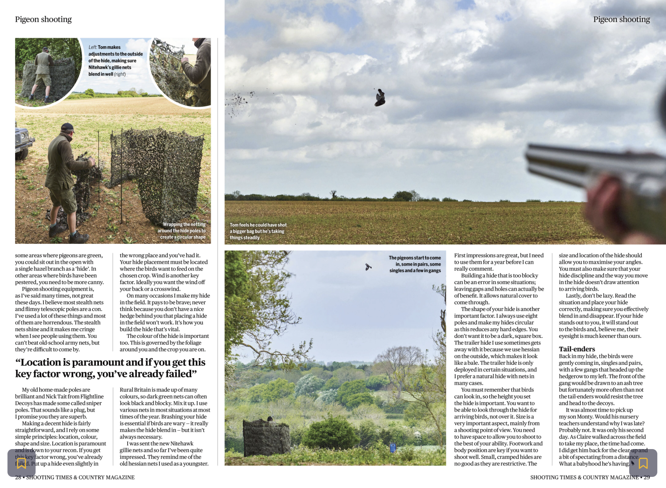 Magazine spread with images and text about pigeon shooting. The left page has photos showing people setting up pigeon decoys and nets for shooting, with text explaining the setup process. The right page features a landscape photo of a field with a sh