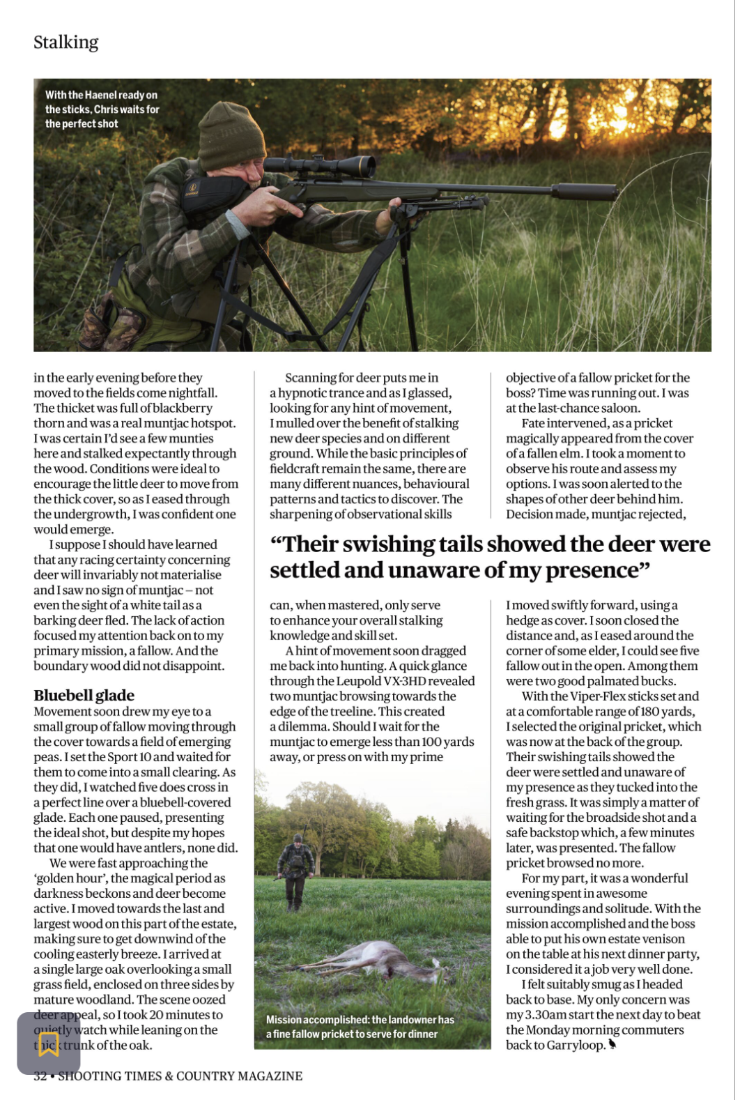 Magazine article page titled 'Stalking' with an image of a man using a scoped rifle on a bipod in a wooded area during sunset, and a smaller image of a person walking in a field with a deer carcass.